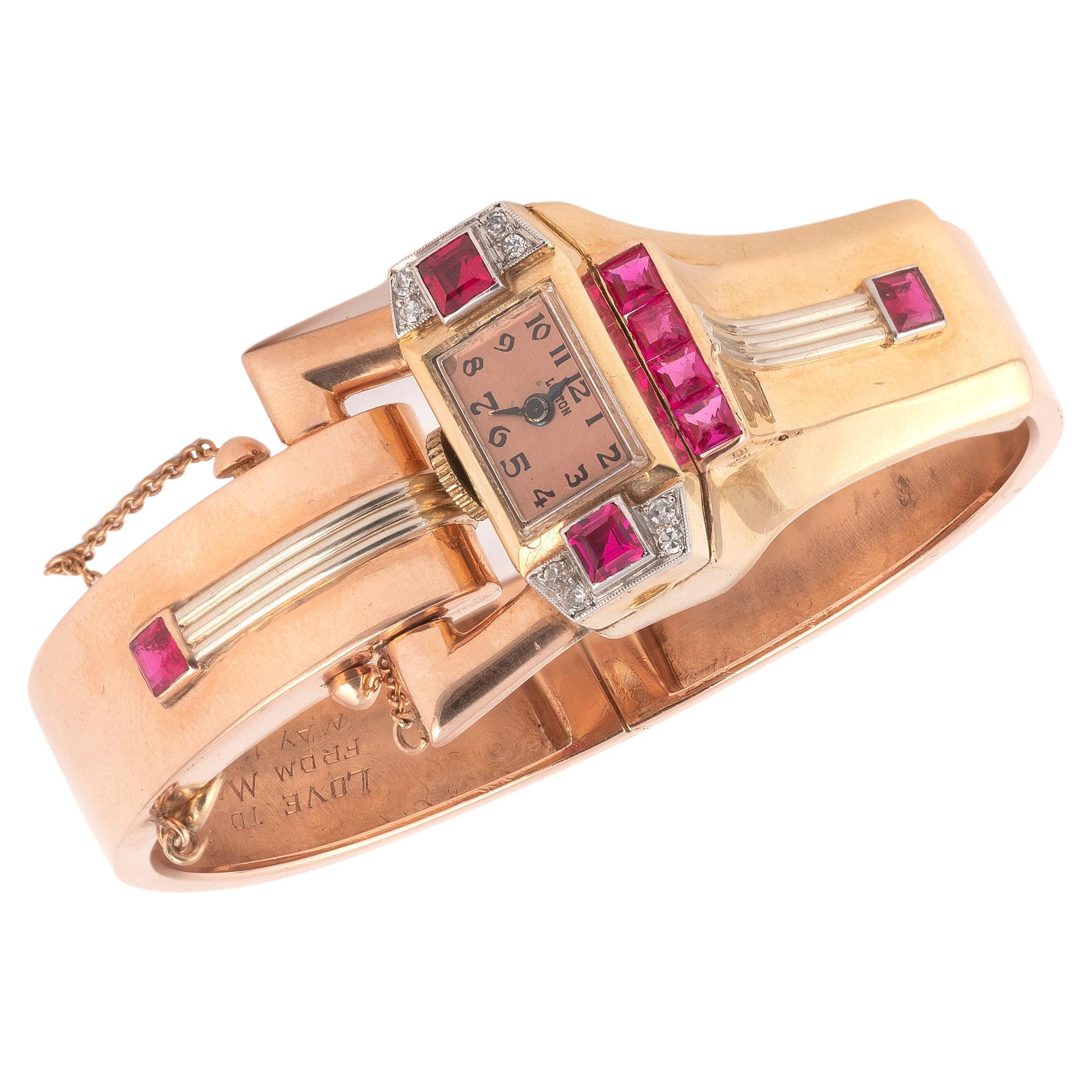 Retro Ruby and Diamond Gold Bangle Wristwatch, Circa 1940