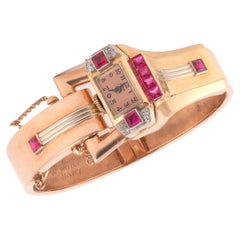 Retro Ruby and Diamond Gold Bangle Wristwatch, Circa 1940