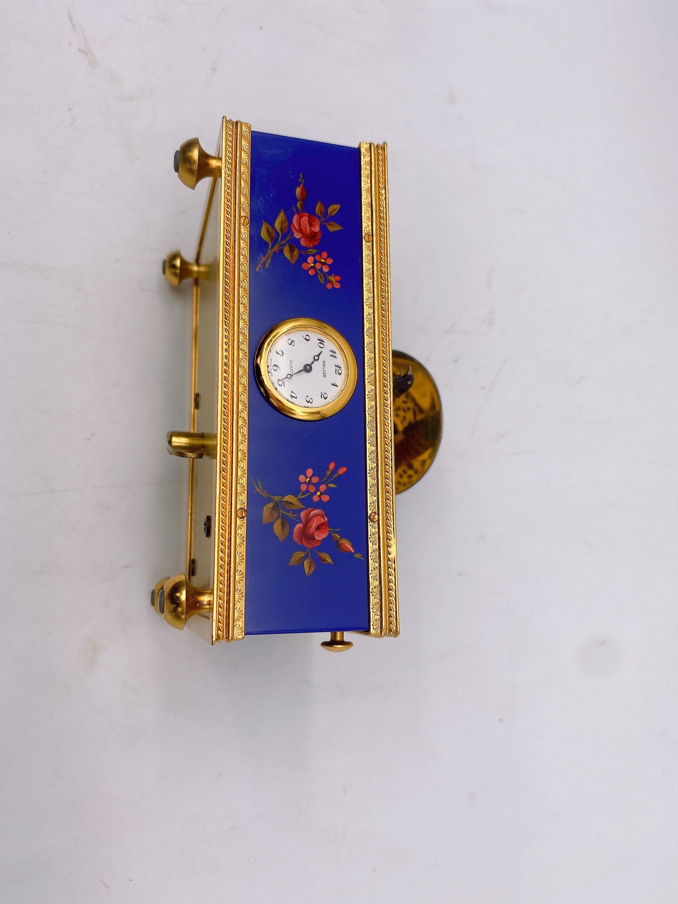 Mid-19th Century Reuge Enameled Music Box with Bird Automaton and Clock
