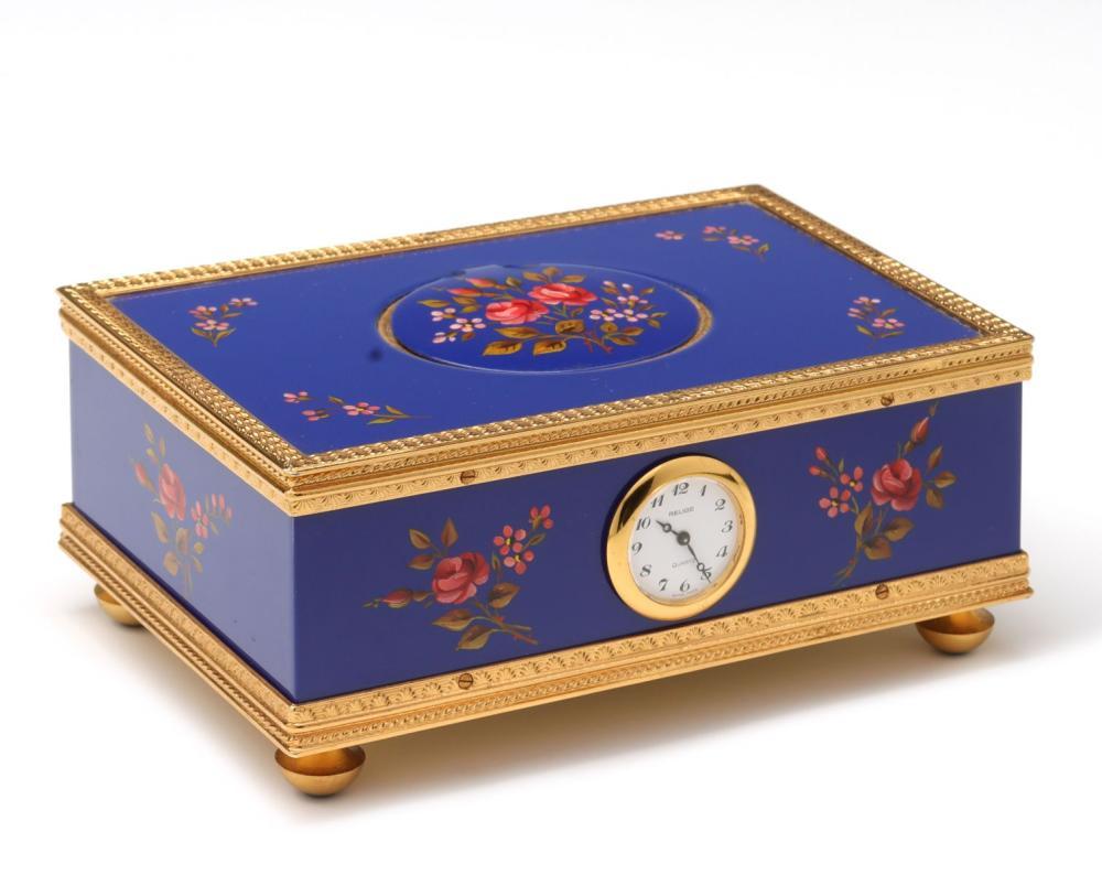 Mother-of-Pearl Reuge Enameled Music Box with Bird Automaton and Clock
