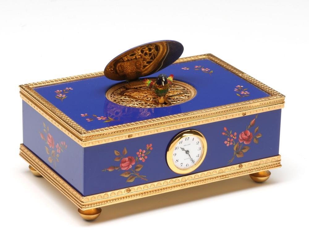 Reuge Enameled Music Box with Bird Automaton and Clock 3