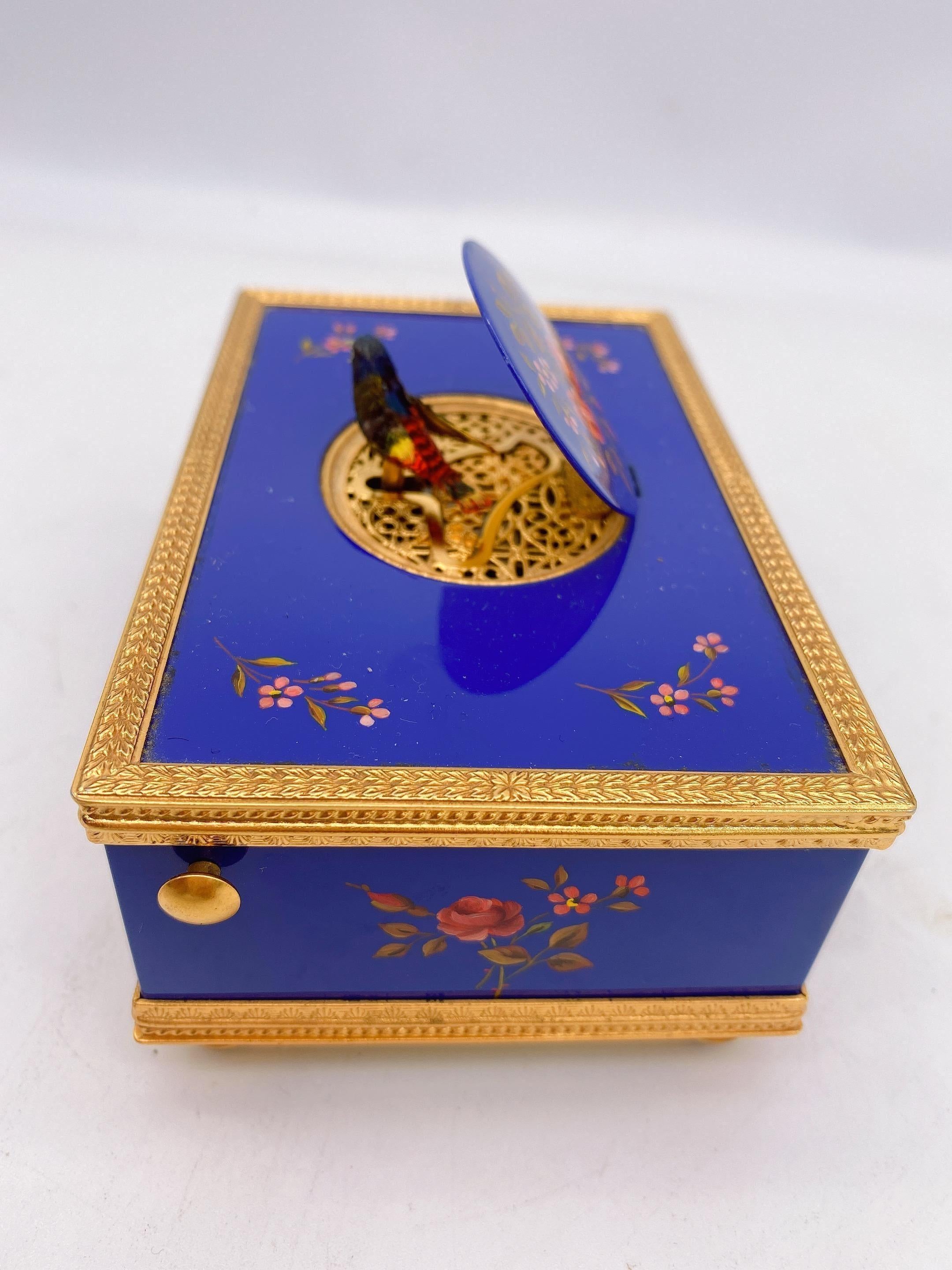 Country Reuge Enameled Music Box with Bird Automaton and Clock