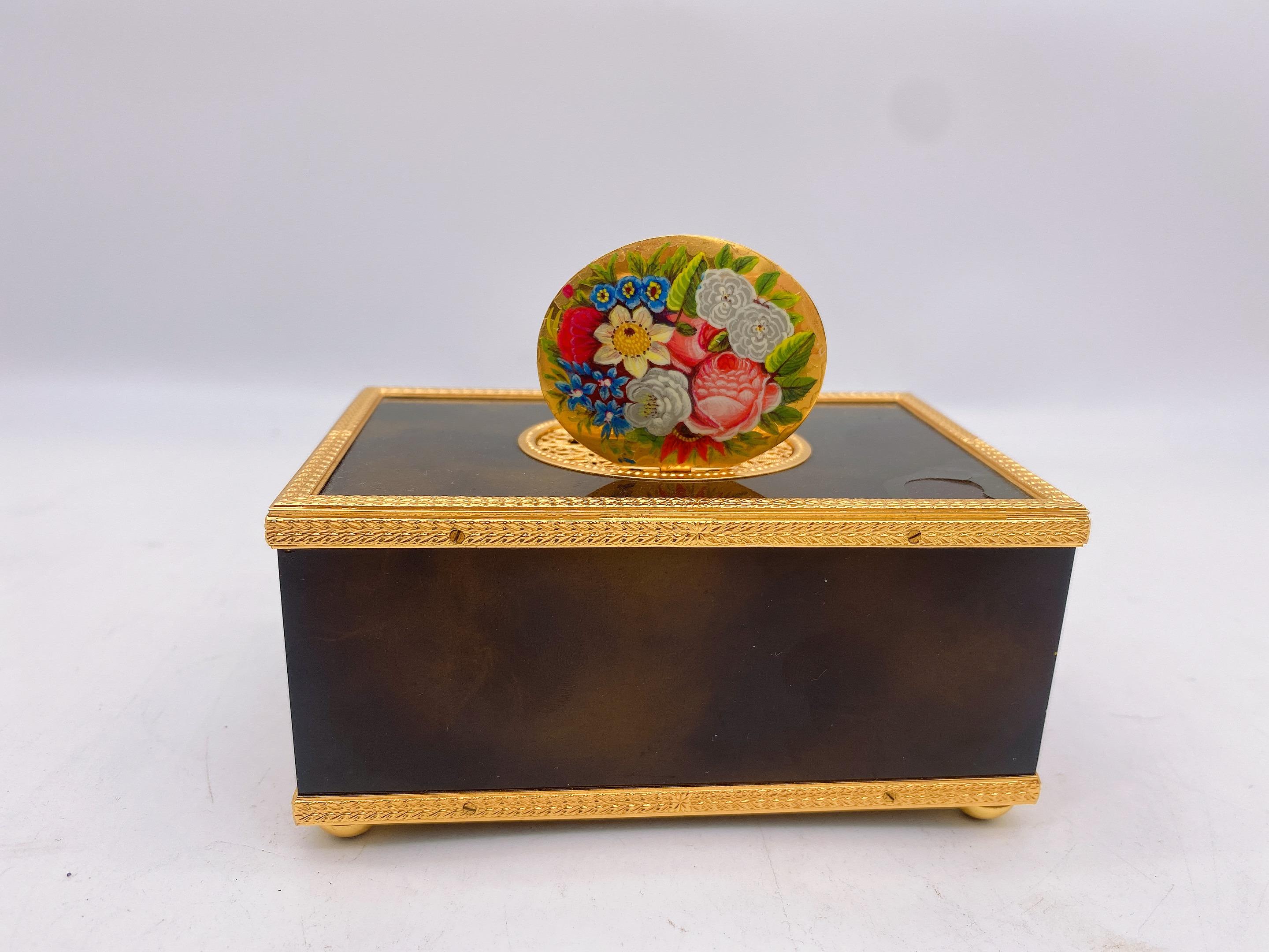 Country Reuge Enameled Music Box with Bird Automaton and Clock