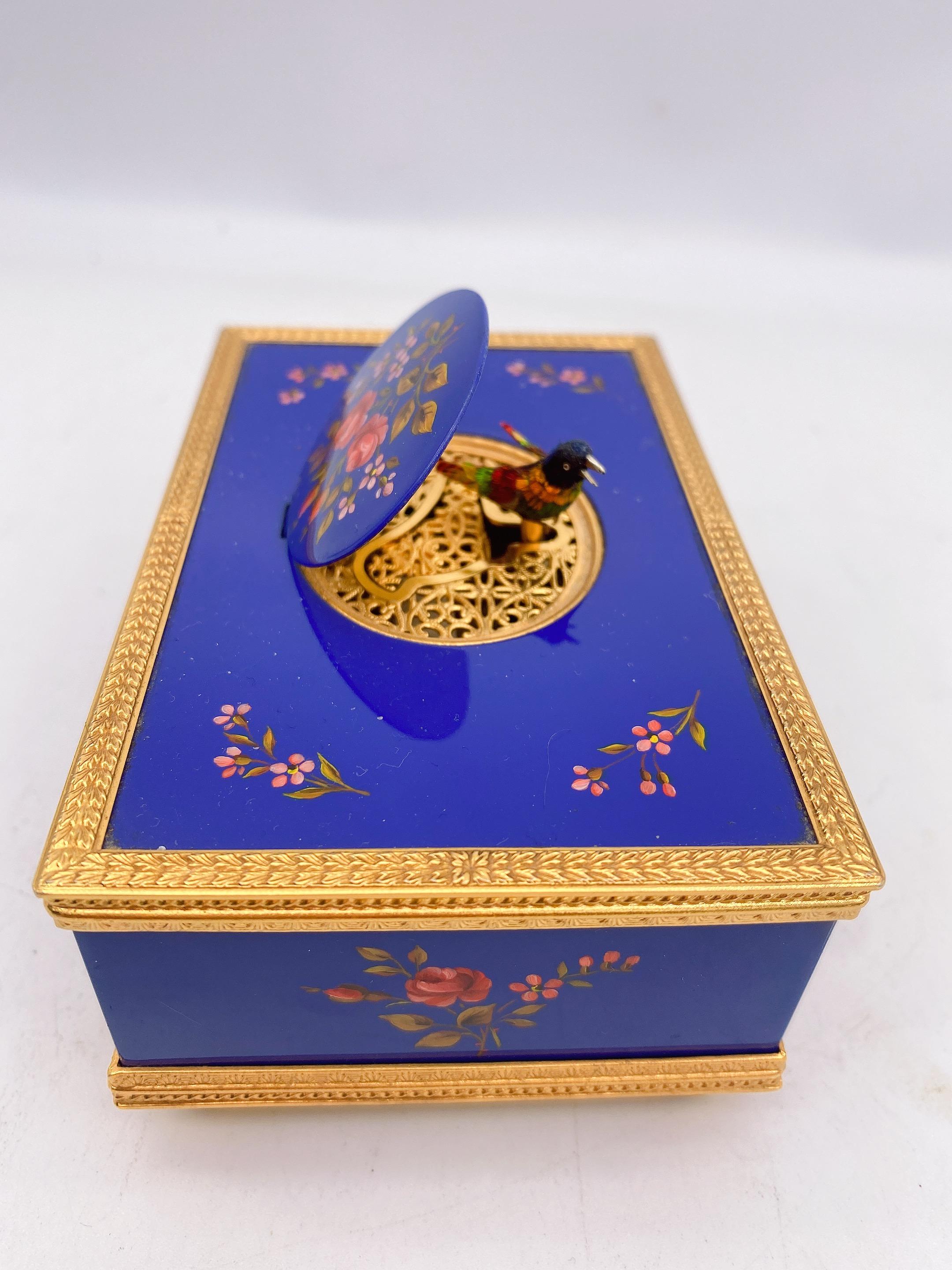 Hand-Carved Reuge Enameled Music Box with Bird Automaton and Clock