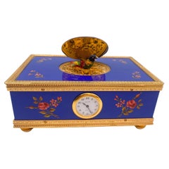 Reuge Enameled Music Box with Bird Automaton and Clock
