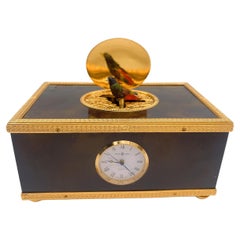Reuge Enameled Music Box with Bird Automaton and Clock