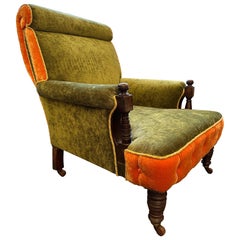 Sillón de biblioteca antiguo inglés victoriano retapizado