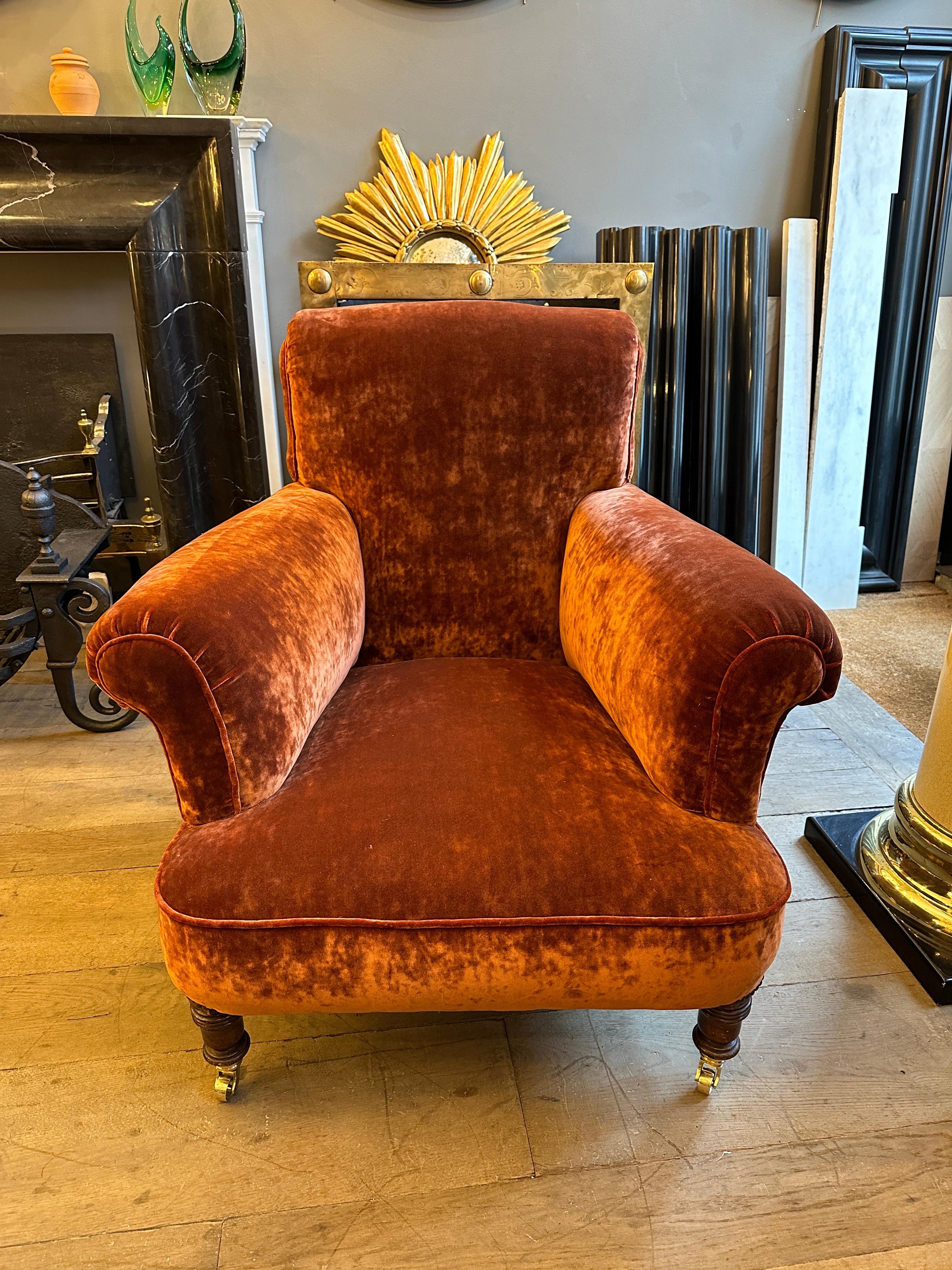 English A Reupholstered Antique Victorian Velvet Armchair  For Sale