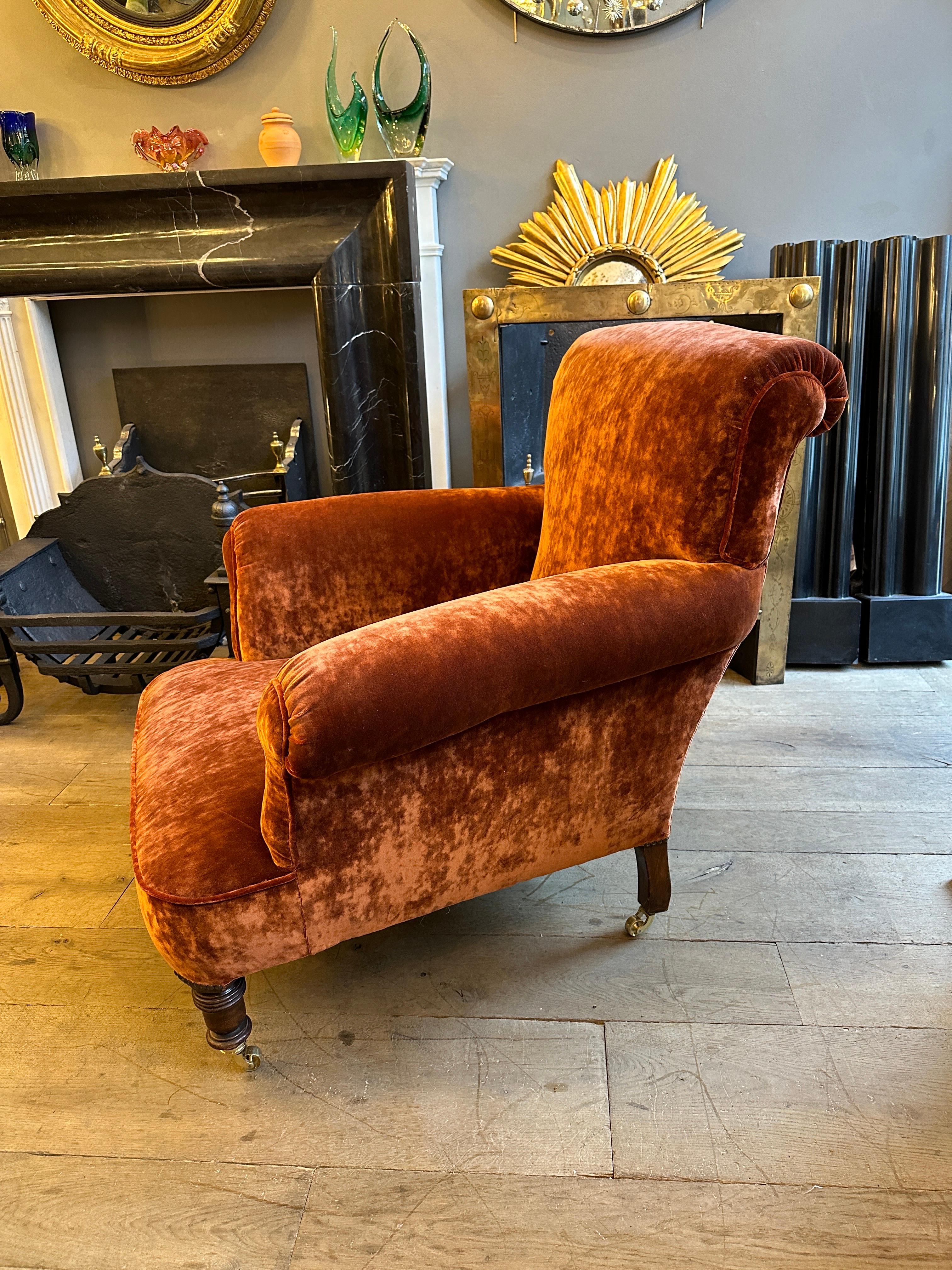 Late 19th Century A Reupholstered Antique Victorian Velvet Armchair  For Sale