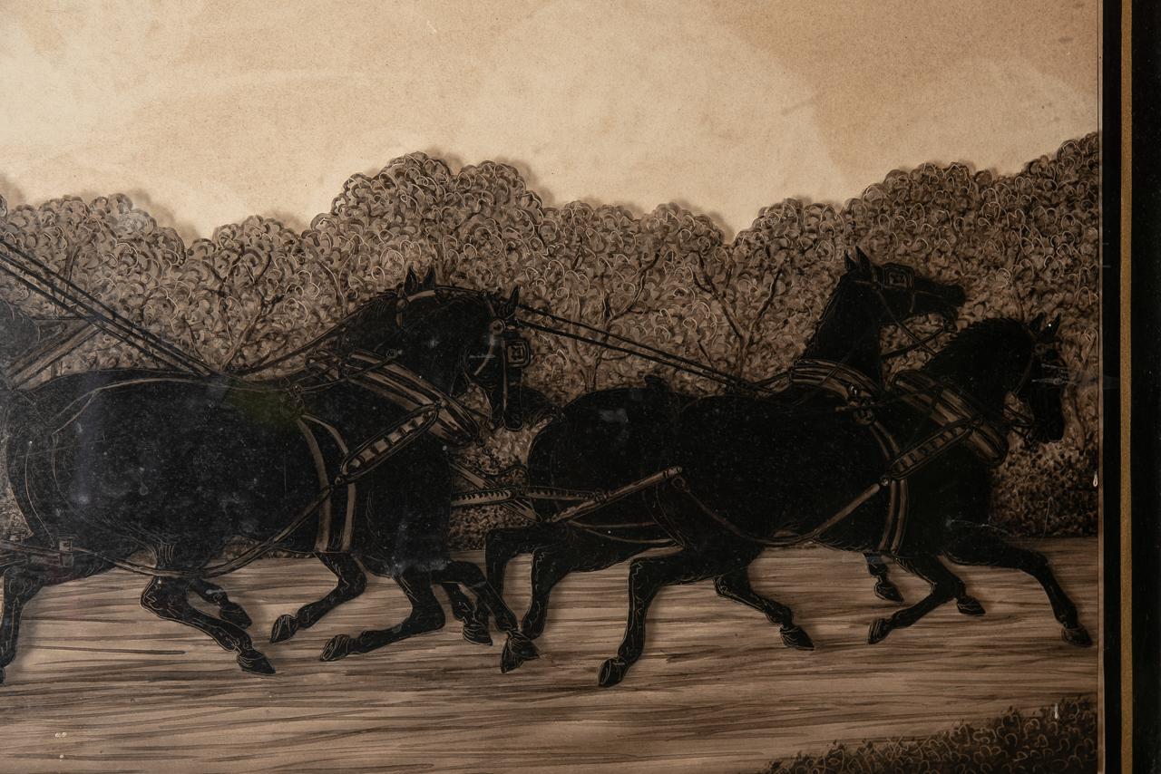 Reverse Painting on Glass of Stagecoach and Horses Pulling Up to Avoid a Skid In Good Condition For Sale In Cheltenham, GB