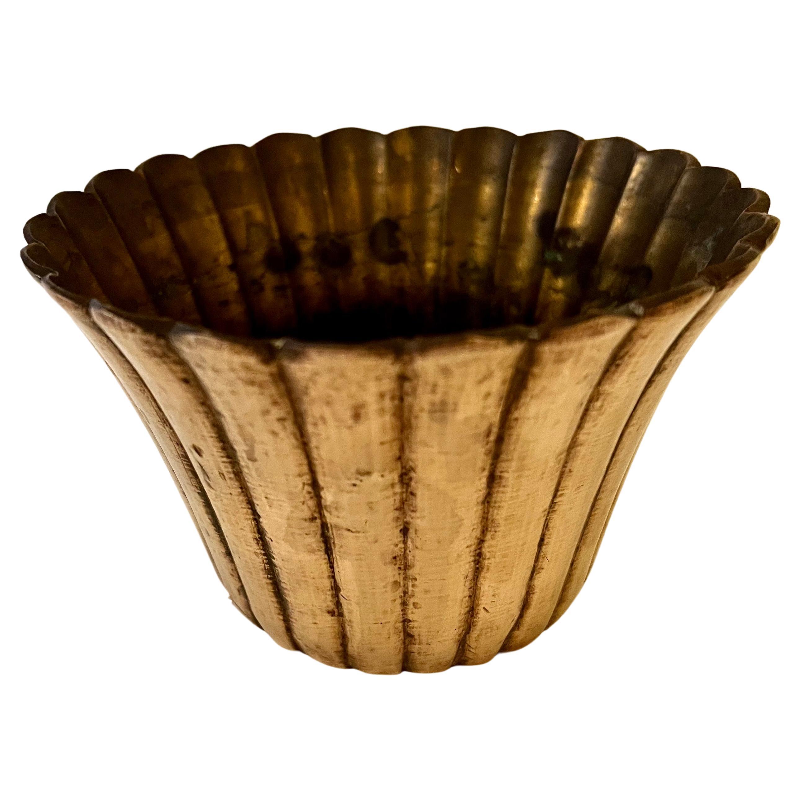 Ribbed Solid Brass Planter or Desk Container For Sale