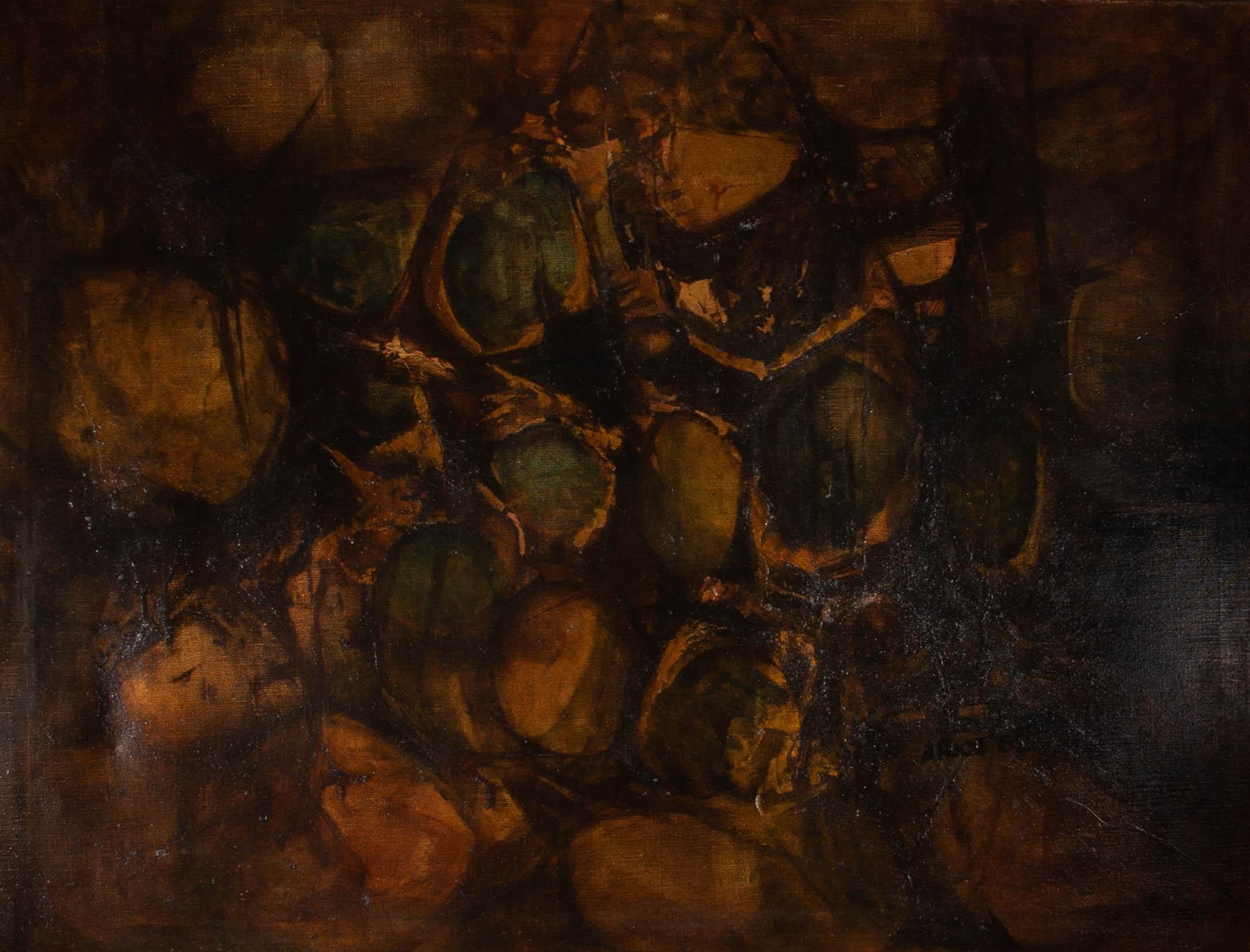A mysterious abstract in darkened tones of brown. Faint cell like shapes interlock to form an unusual texture. The artist has signed and dated in the lower right quadrant. On canvas.