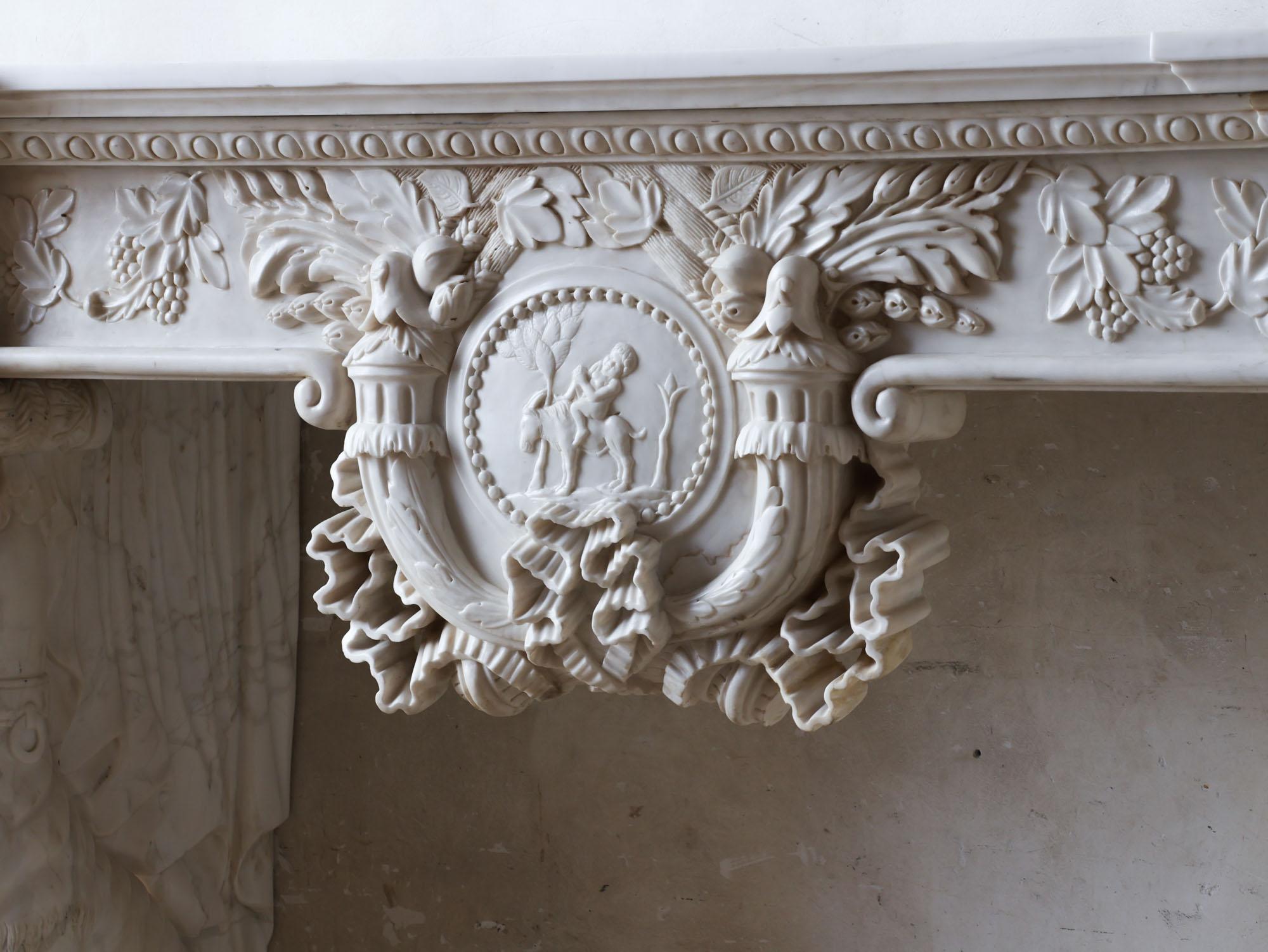 Carrara Marble A Rich and Ornate Monumental Mantelpiece Italian Renaissance Revival Style For Sale