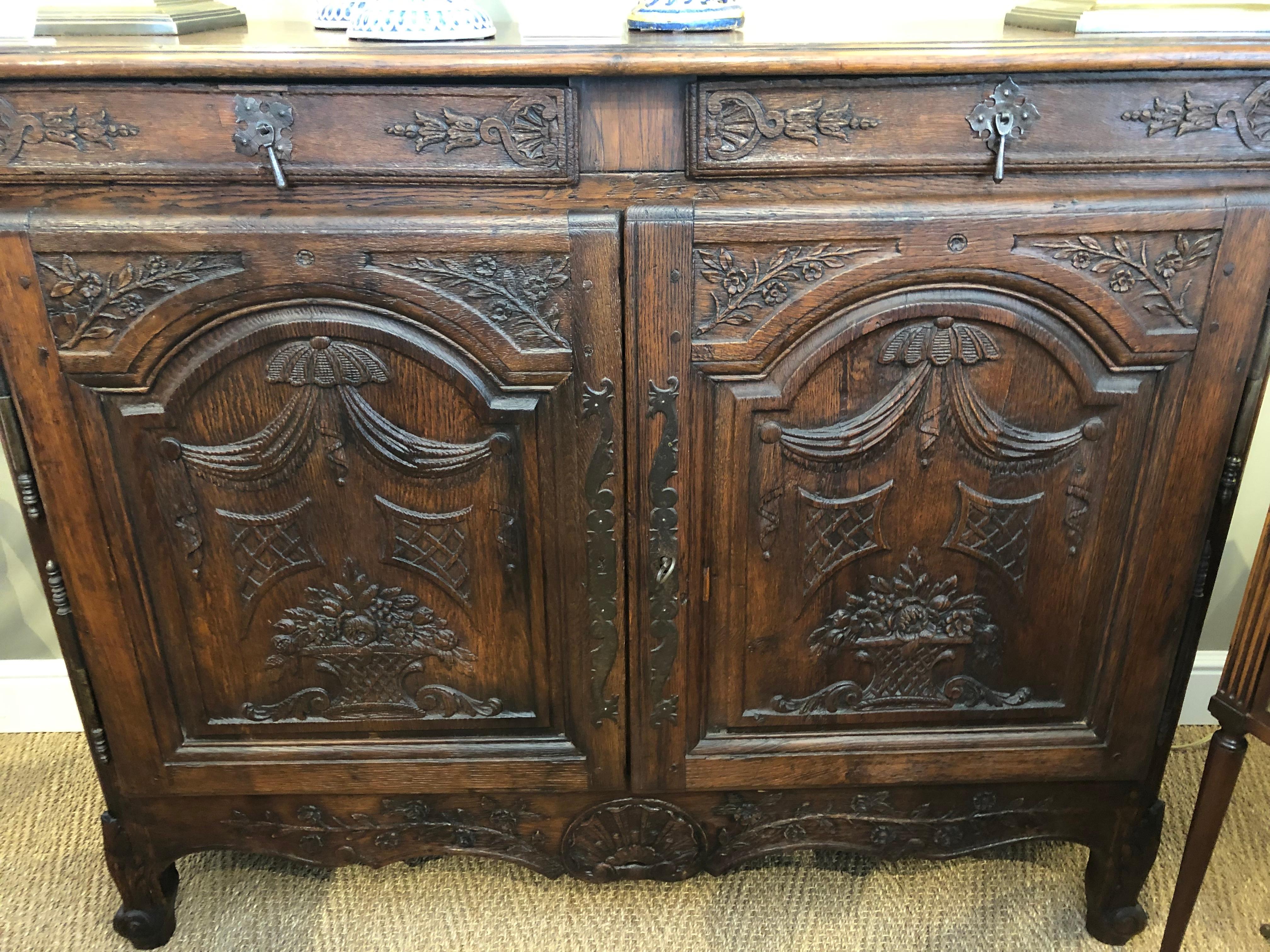 Country A Richly-Patinated and Well-Carved French Provincial Oak 2-Door Buffet