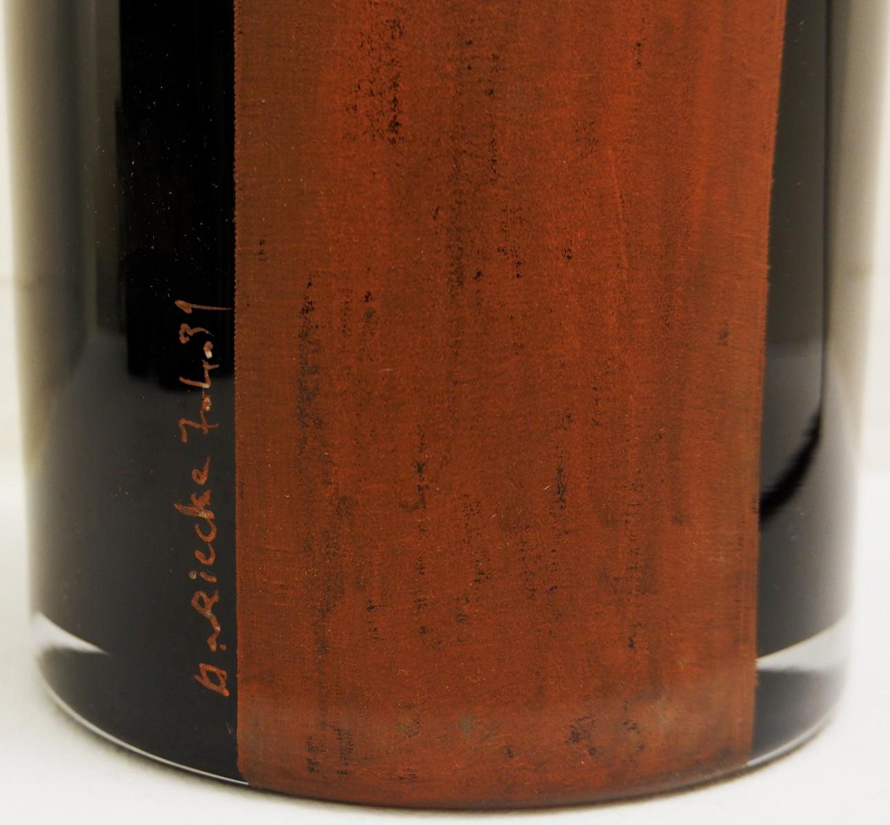 Mid-Century Modern A. Riecke Cylindrical Vase in Black Engraved Glass Signed and Dated 20th Century For Sale