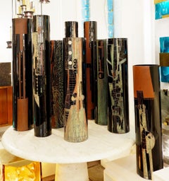 A. Riecke Cylindrical Vase in Black Engraved Glass Signed and Dated 20th Century