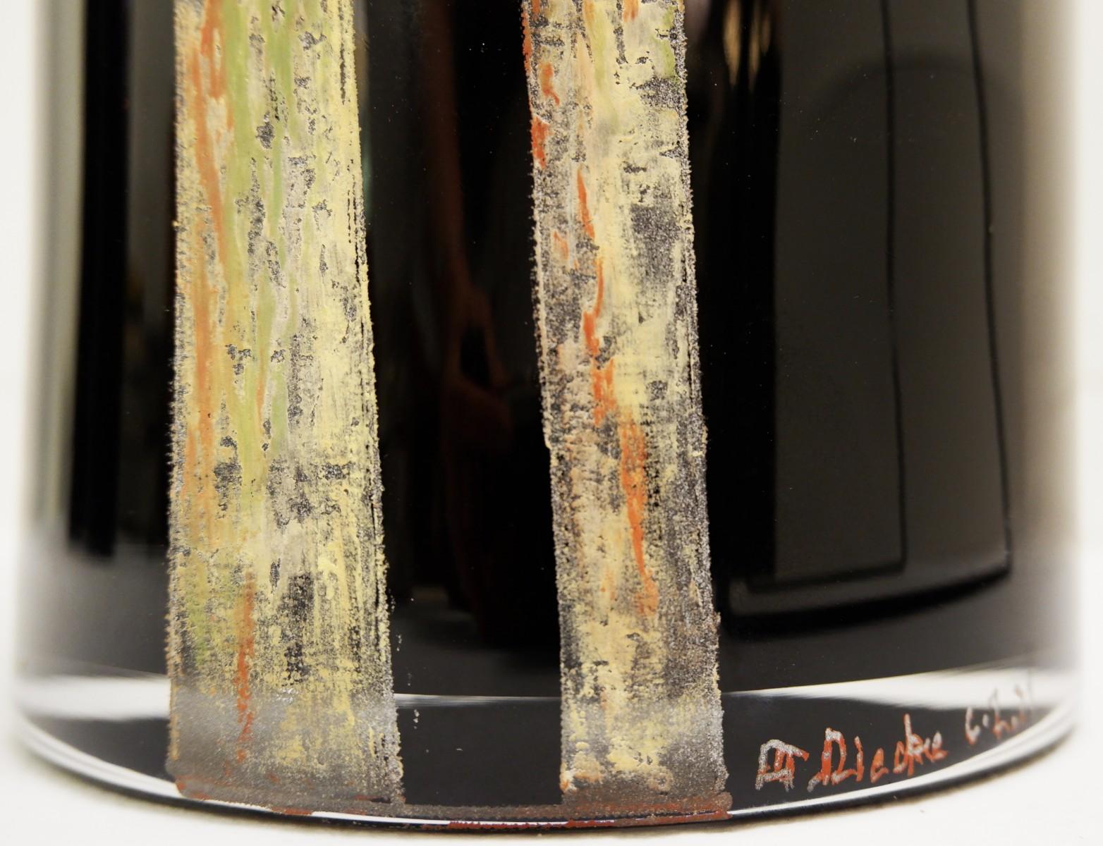 European A. Riecke Cylindrical Vase in Black Engraved Glass Signed and Dated 20th Century For Sale