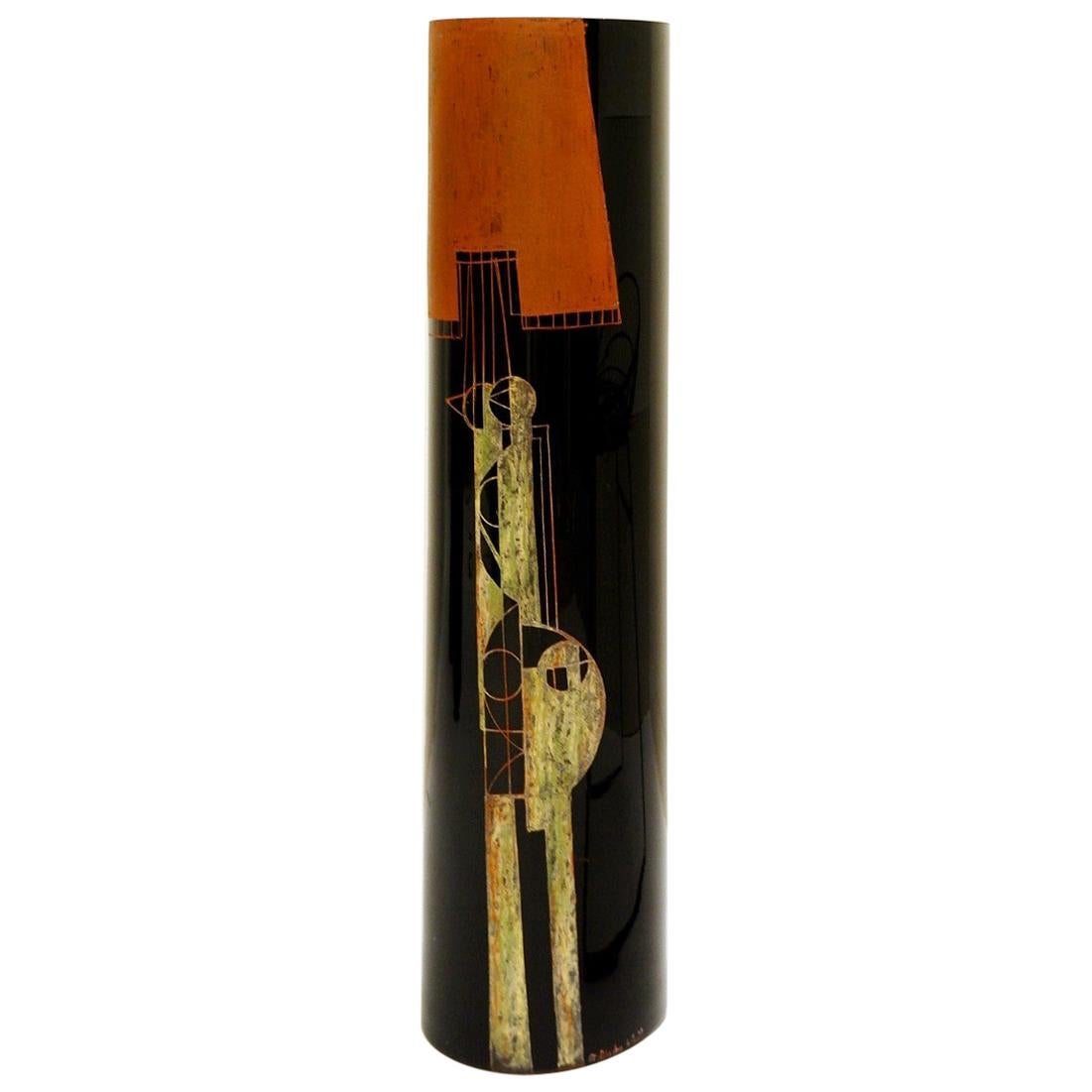A. Riecke Cylindrical Vase in Black Engraved Glass Signed and Dated 20th Century