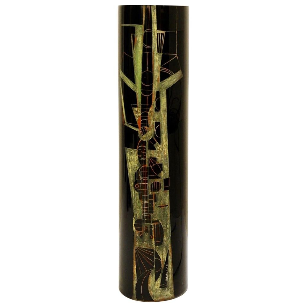 A. Riecke Cylindrical Vase in Black Engraved Glass Signed and Dated