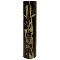 A. Riecke Cylindrical Vase in Black Engraved Glass Signed and Dated