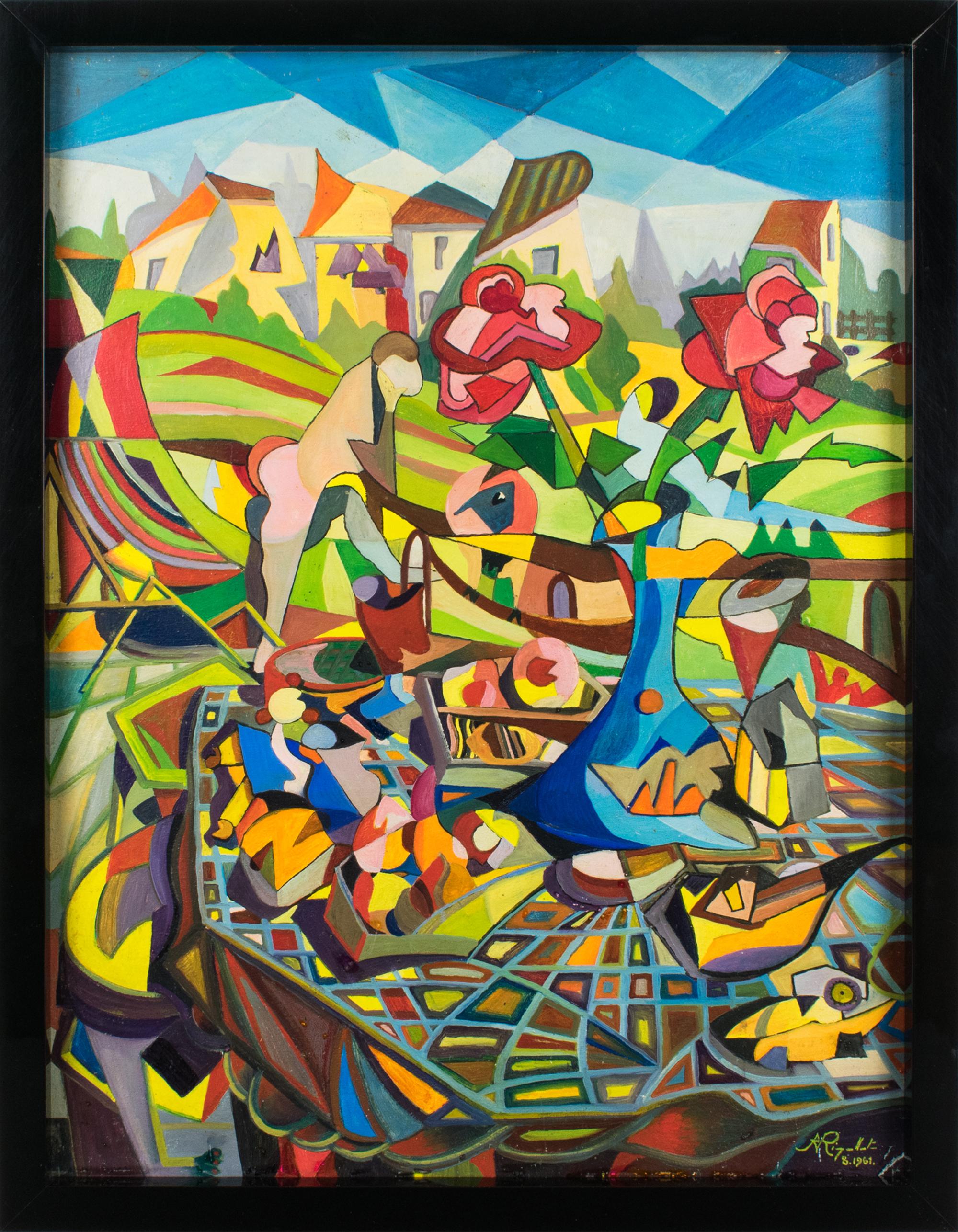 Colorist Still Life Oil Painting on Board, Post-Cubist, by A. Rigollot, 1961