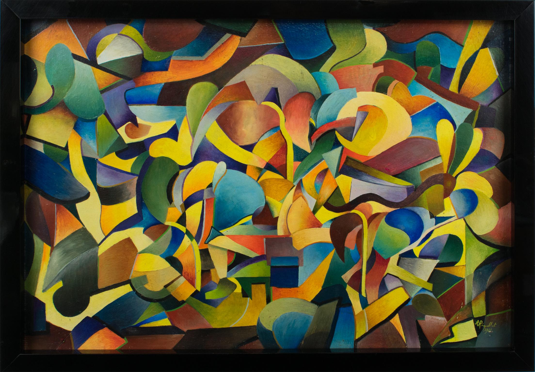 Dieses hypnotisierende postkubistische und koloristische abstrakte Ölgemälde auf Karton wurde von A. Rigollot (Frankreich, 20. Jahrhundert) entworfen.
Koloristische Gemälde zeichnen sich durch einen intensiven Farbgebrauch aus, der zum dominierenden