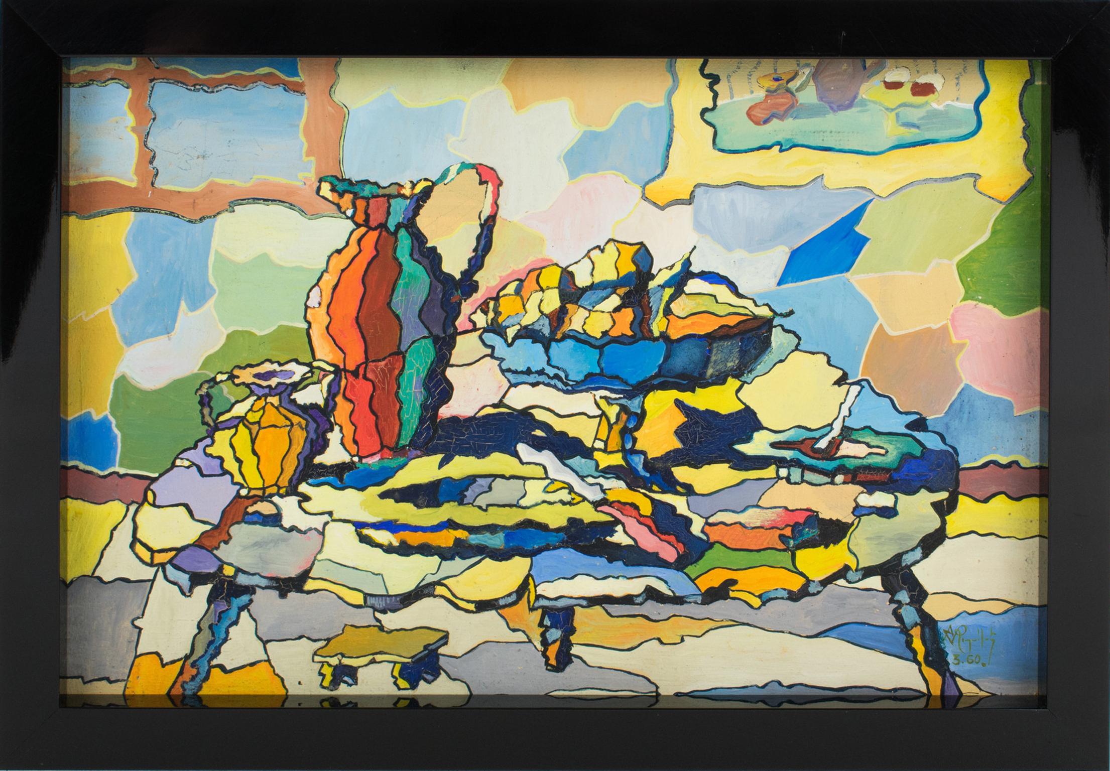 Dieses unglaubliche postkubistische und koloristische Stillleben in Öl auf Karton wurde von A. Rigollot (Frankreich, 20. Jahrhundert) entworfen.
Koloristische Gemälde zeichnen sich durch einen intensiven Farbgebrauch aus, der zum dominierenden