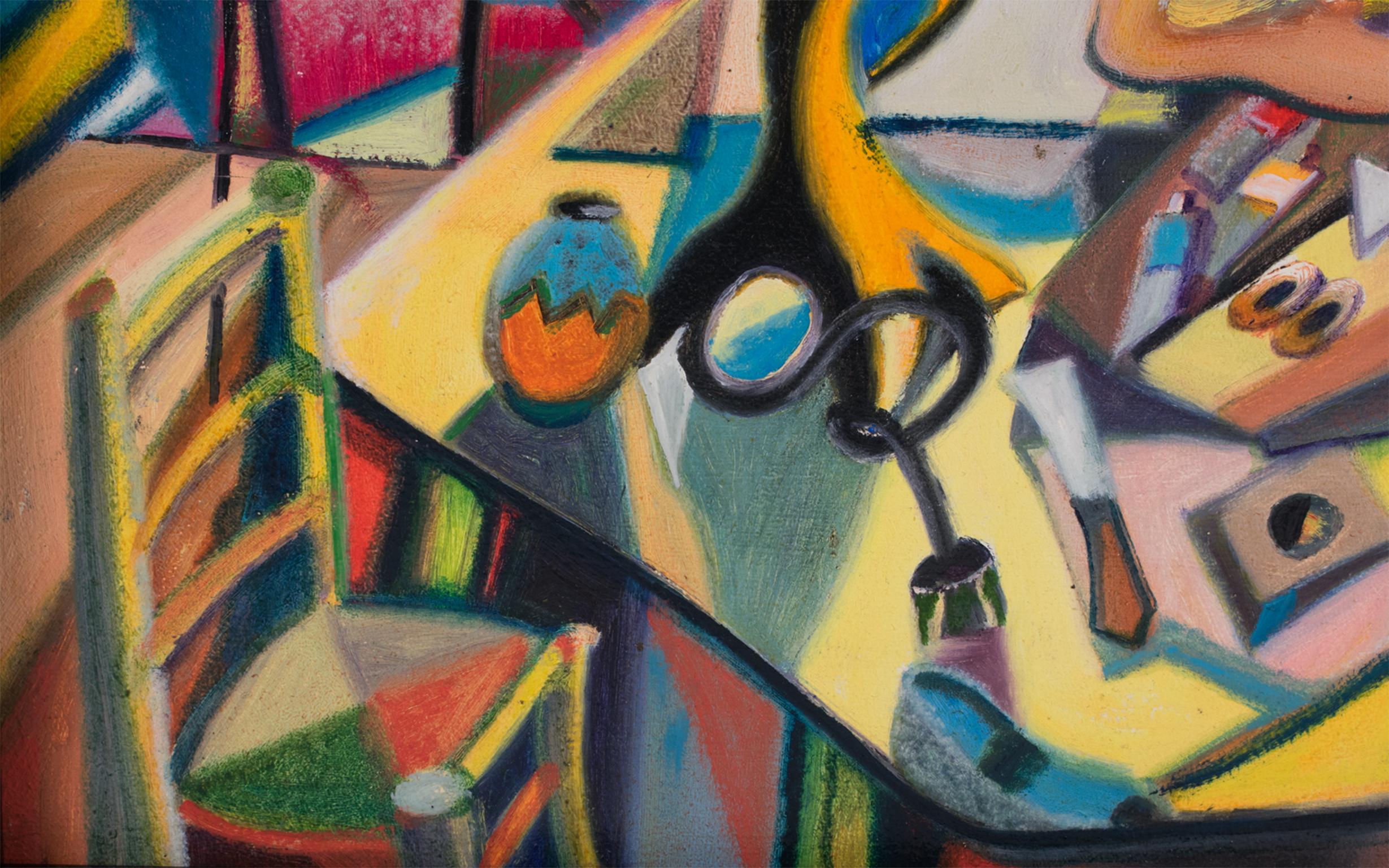 Lo Studio del Pittore, colorata pittura ad olio post-cubista di A. Rigollot in vendita 9