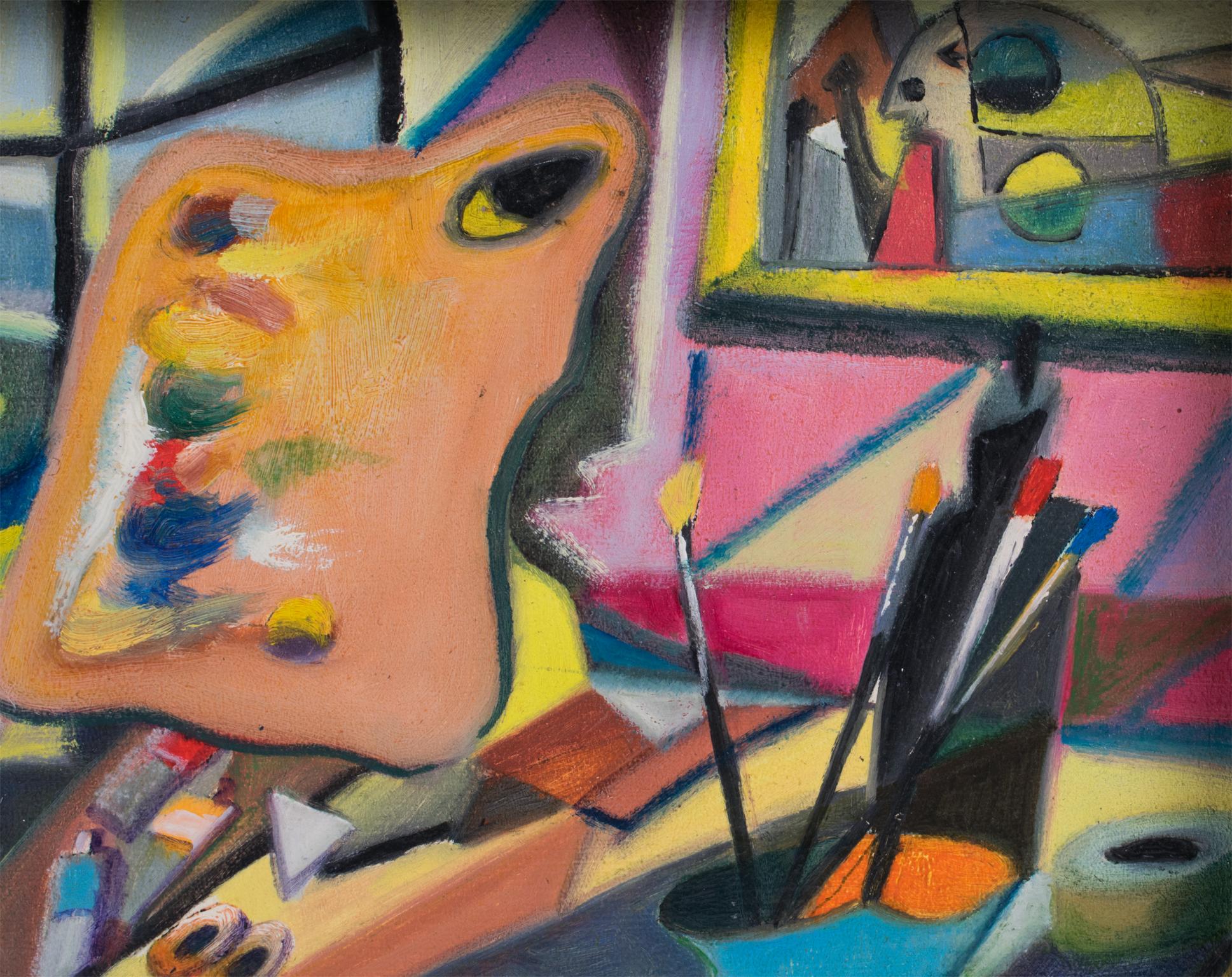 The Painter's Studio, peinture à l'huile post-cubiste colorée d'A. Rigollot en vente 10