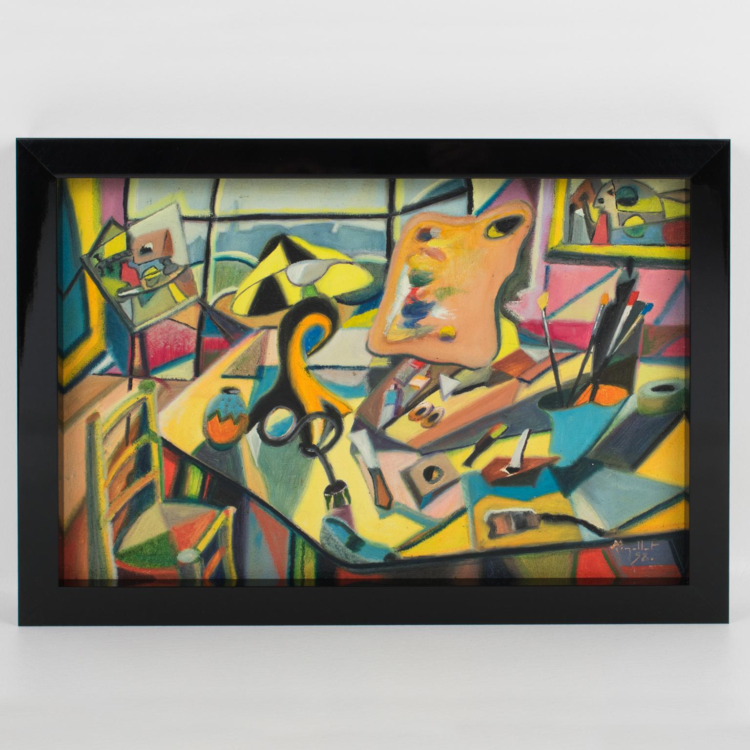 Lo Studio del Pittore, colorata pittura ad olio post-cubista di A. Rigollot in vendita 4