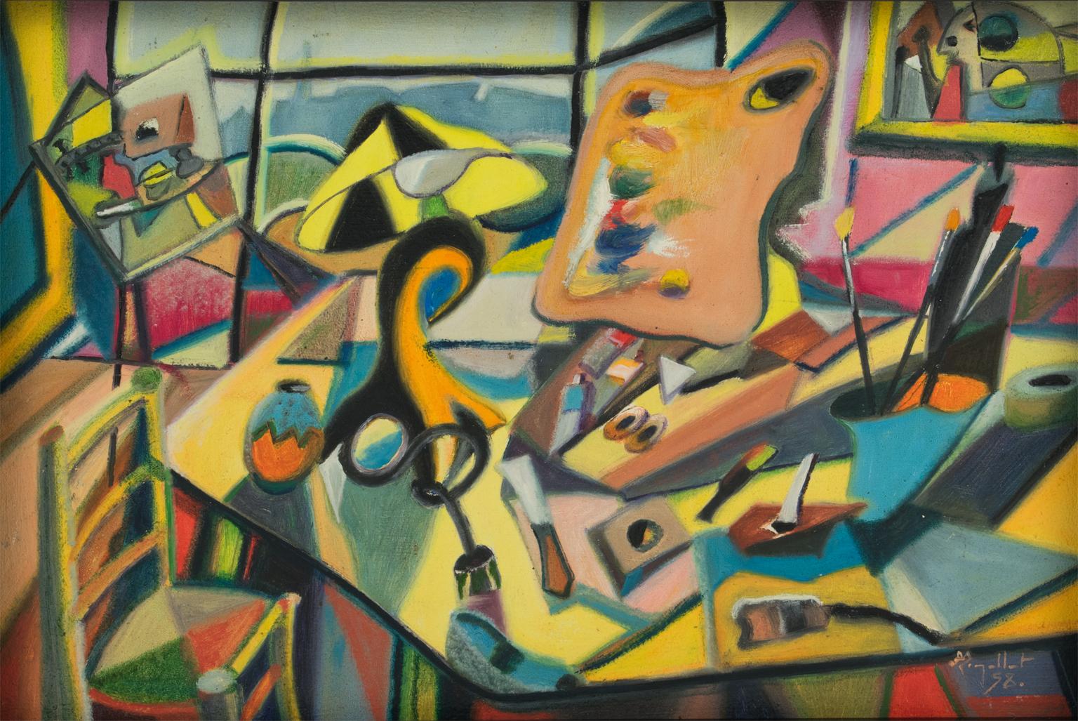 Lo Studio del Pittore, colorata pittura ad olio post-cubista di A. Rigollot in vendita 6