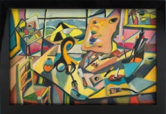 Lo Studio del Pittore, colorata pittura ad olio post-cubista di A. Rigollot