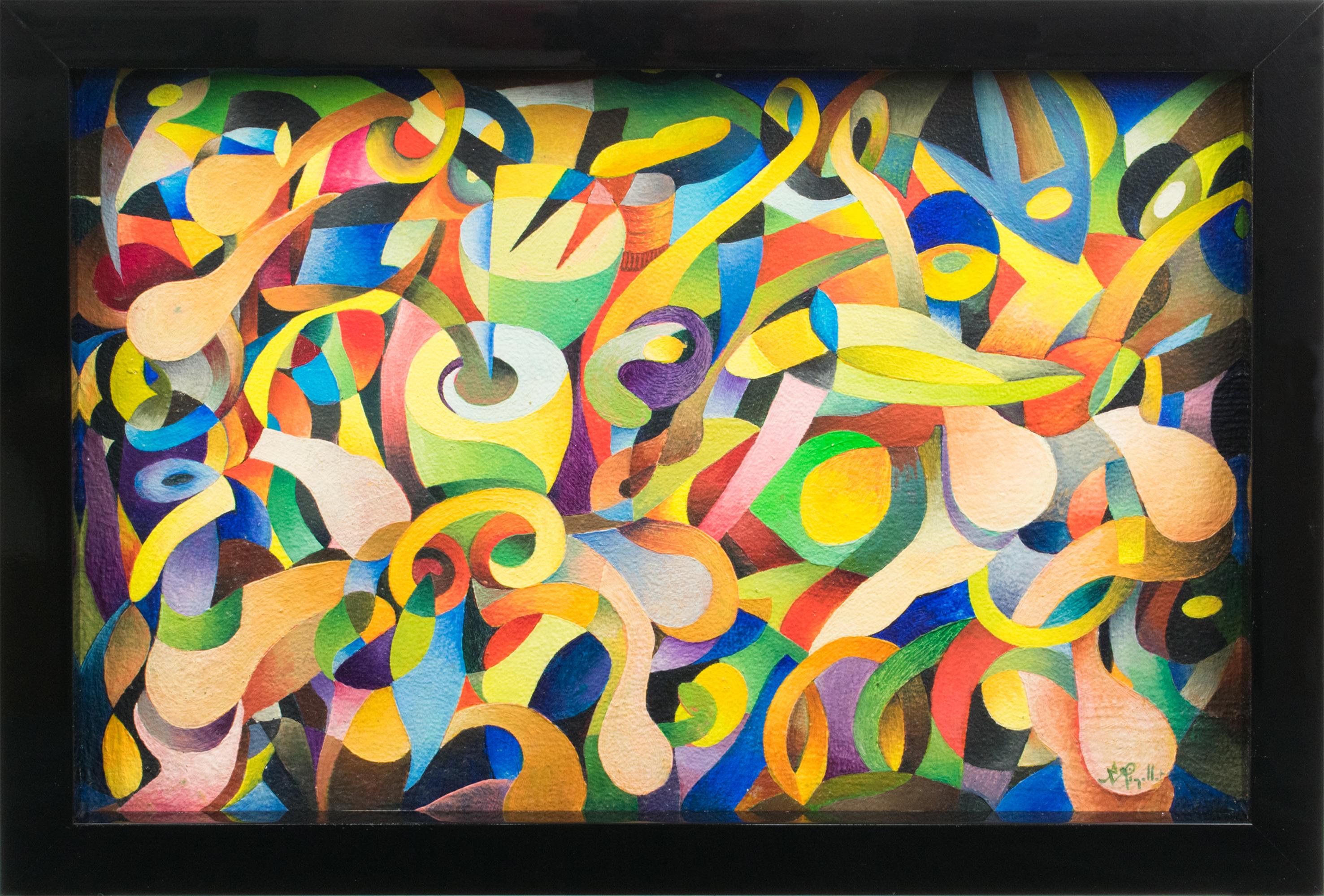 A. Rigollot (France, 20th Century) designed this superb post-cubist and colorist abstract oil on board painting.
Colorist painting is characterized by intense color use, which becomes the dominant feature of the resultant work of art, more important