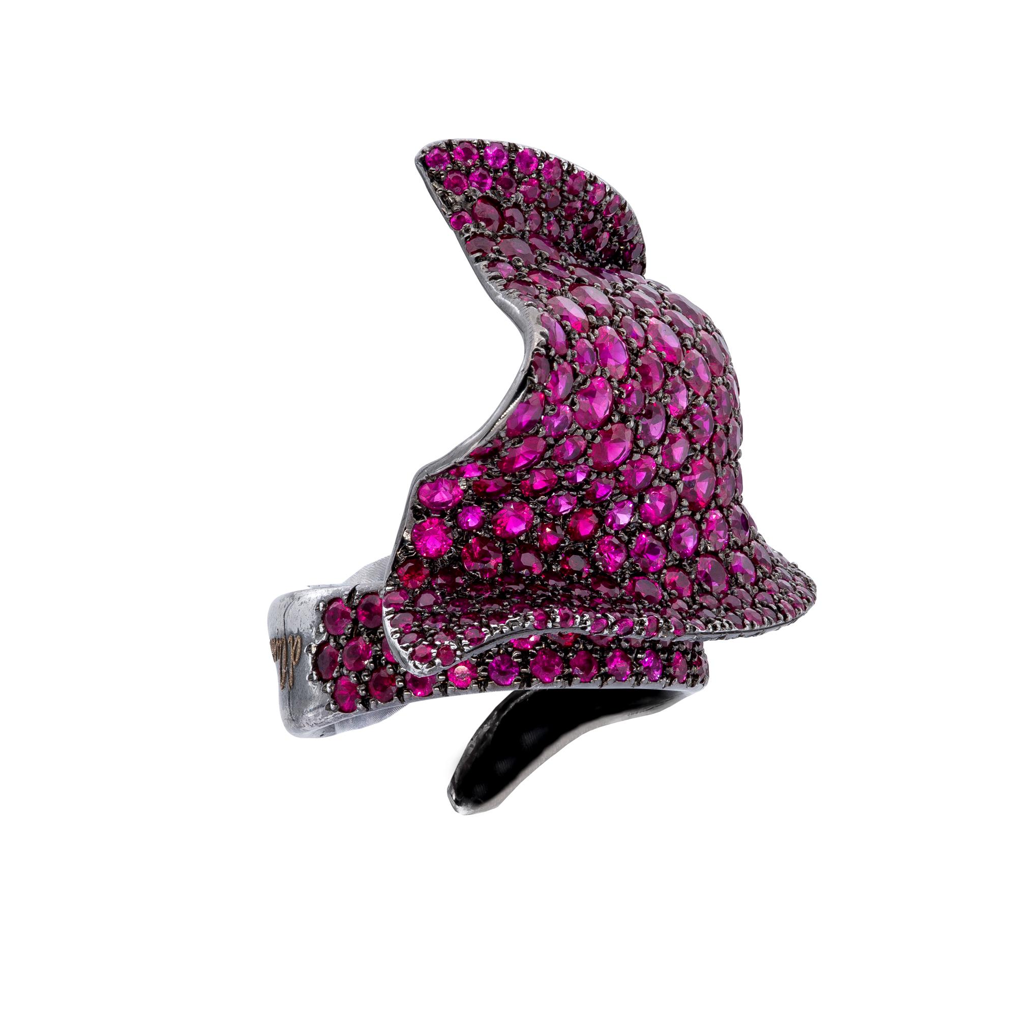 Brilliant Cut Ring from d'Avossa Masterpiece Collection with Rubies and Black Diamonds For Sale