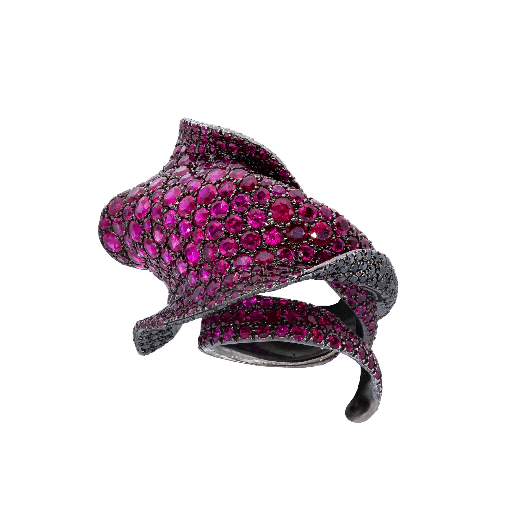 Women's Ring from d'Avossa Masterpiece Collection with Rubies and Black Diamonds For Sale