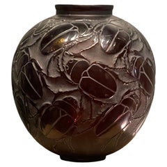 Antique A R.Lalique Amber Glass Scarabs Vase 