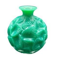 A R.Lalique Art Déco Ormeaux Vase in Jade Glass.