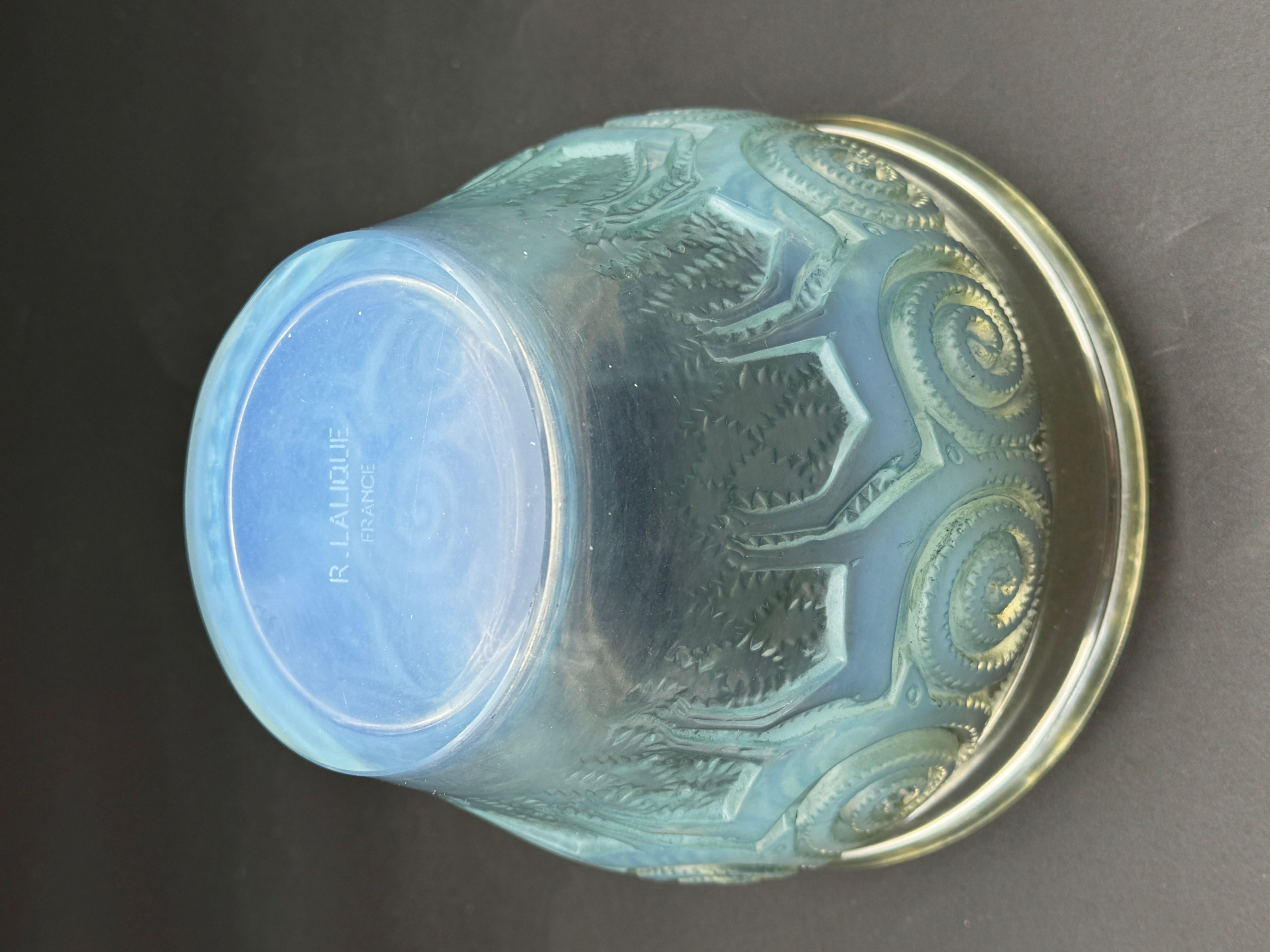 Molded A R.Lalique Opalescent Glass Rennes Vase For Sale