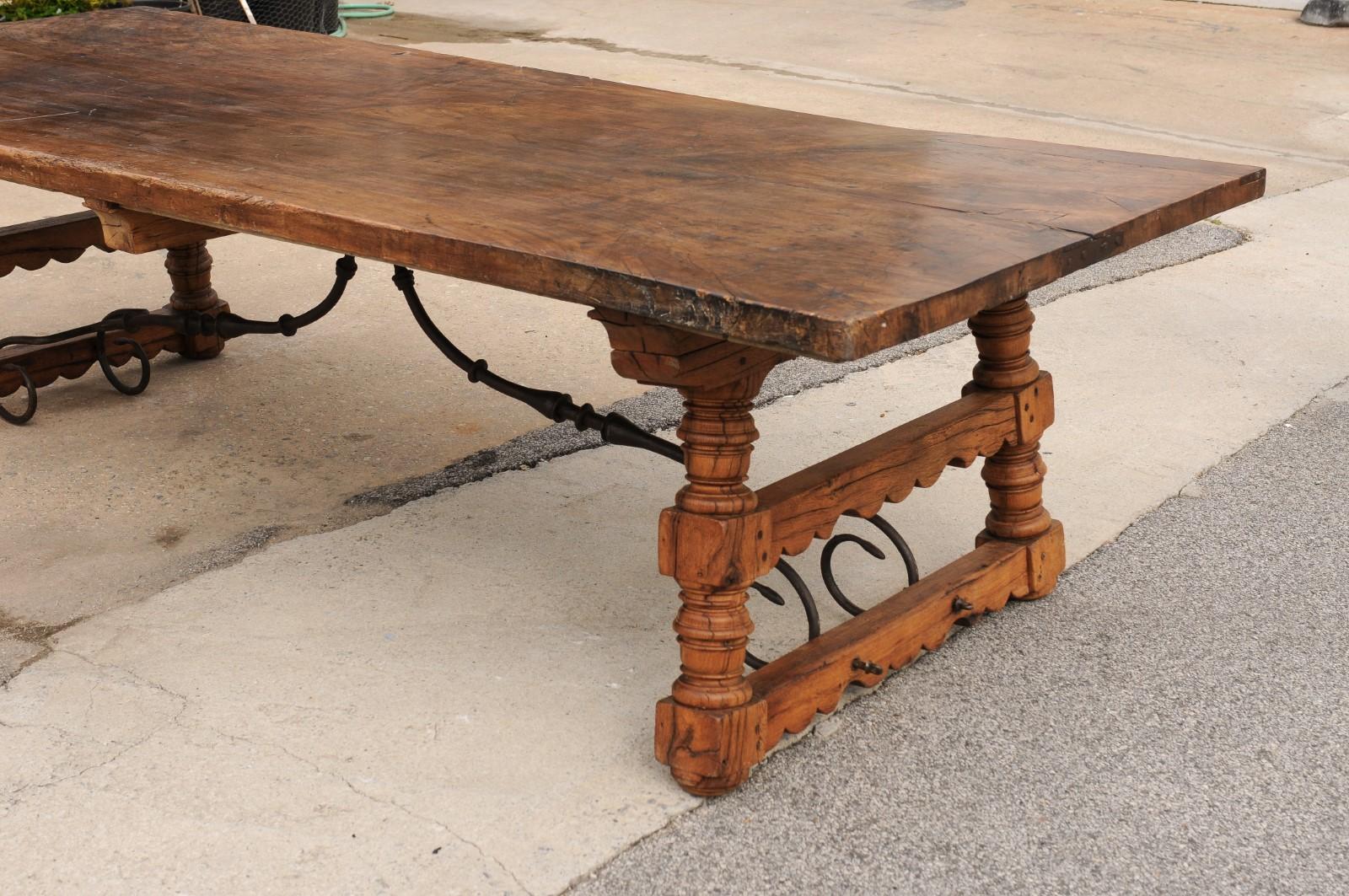 A Robust Italian 9.5 Ft Long Dining Table w/Carved Trestle Legs & Iron Stretcher For Sale 6