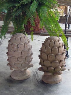 Robust Pair of Mexican Hand-Carved Cantera Stone Artichoke Elements