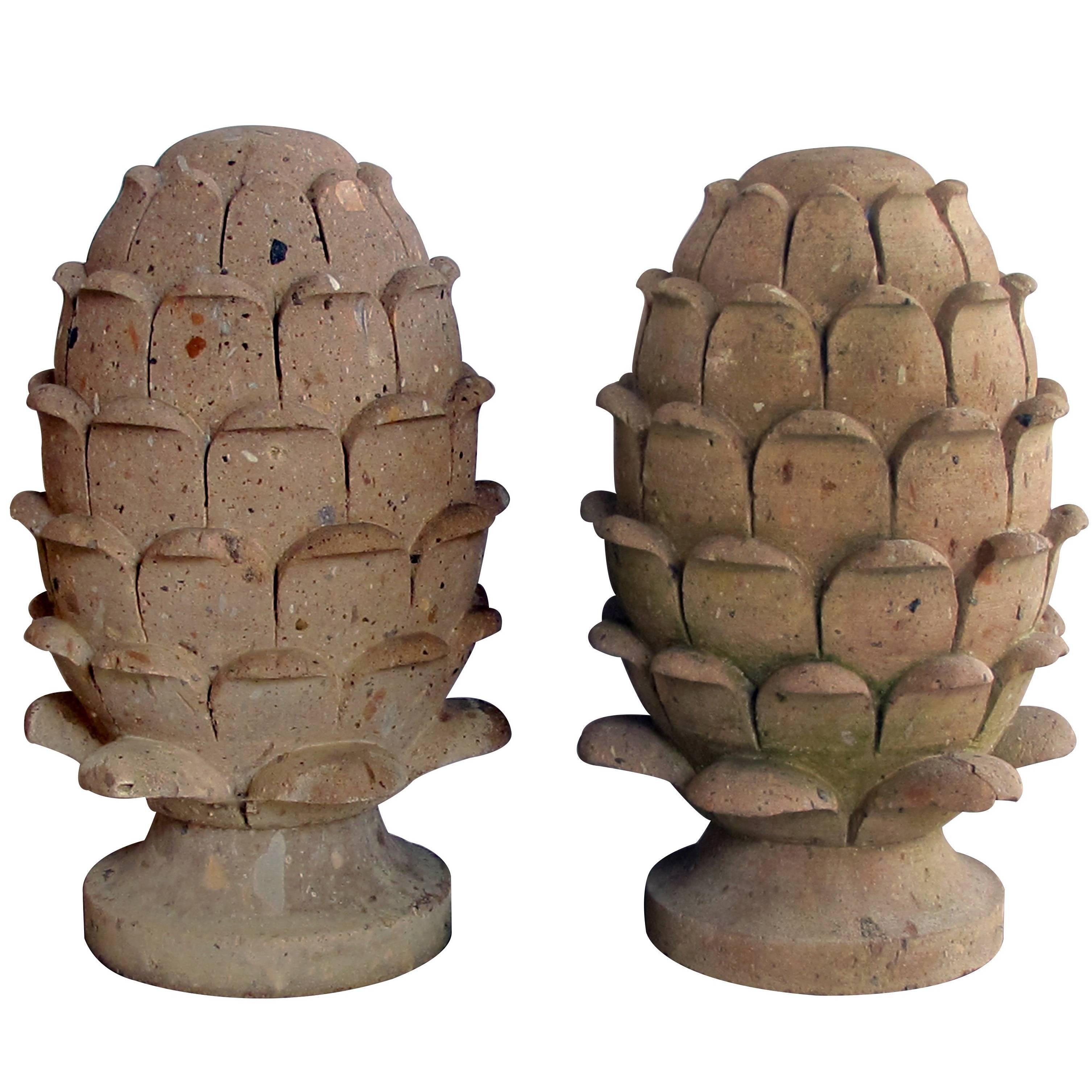Robust Pair of Mexican Hand-Carved Cantera Stone Artichoke Elements