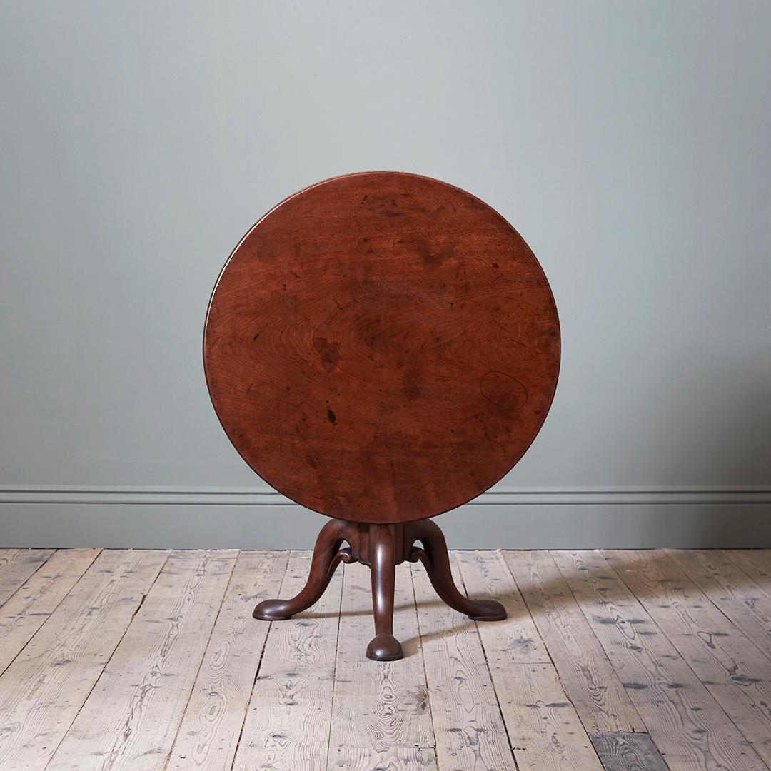 The circular tilt top with exceptional patination and depth of timber, above a bird cage support and a ring turned column, on wonderfully characteristic and thickly set cabriole legs with pierced angles, on large pad feet. Overall dry, and sleepy