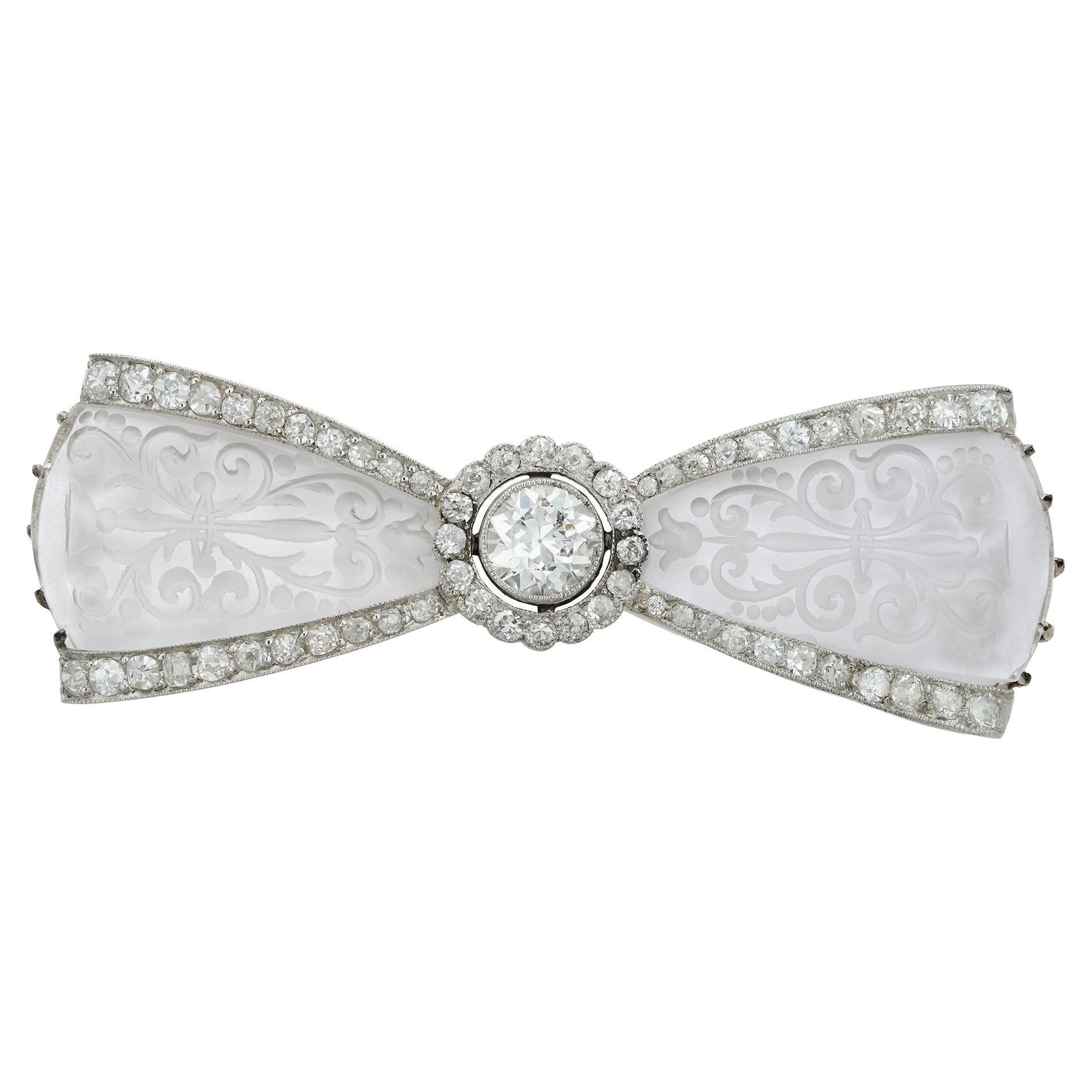 Rock Crystal and Diamond Bow Brooch by Ernst Paltscho For Sale
