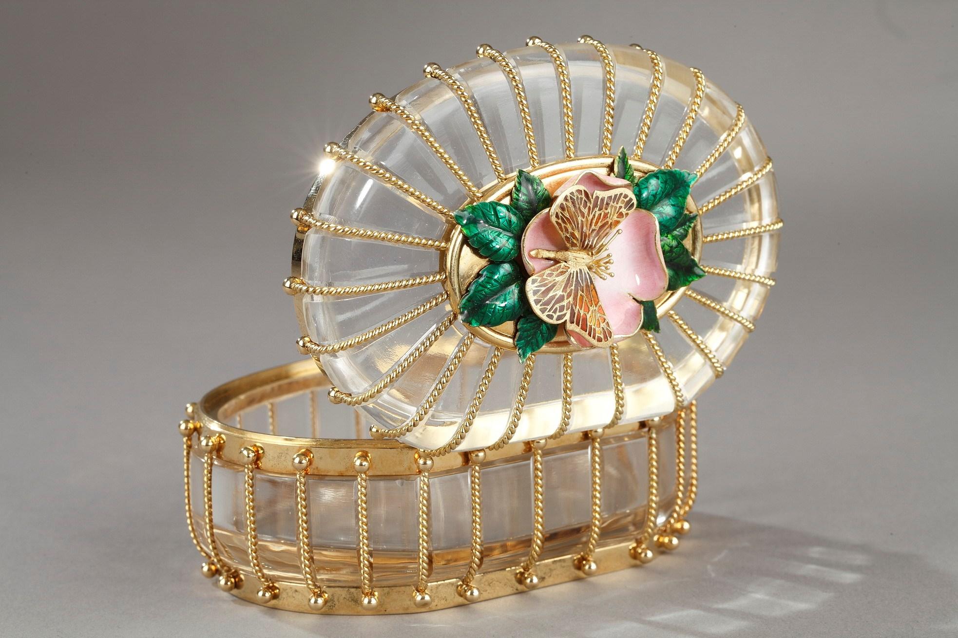 Modern Rock Crystal Box with Enameled Gold Mounts, Algernon Asprey Ltd, Sheffield