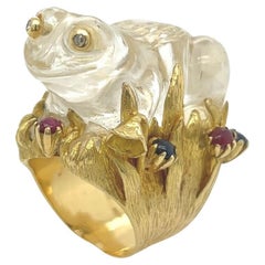 Retro A Rock Crystal, Gold, Sapphire and Ruby Frog Ring