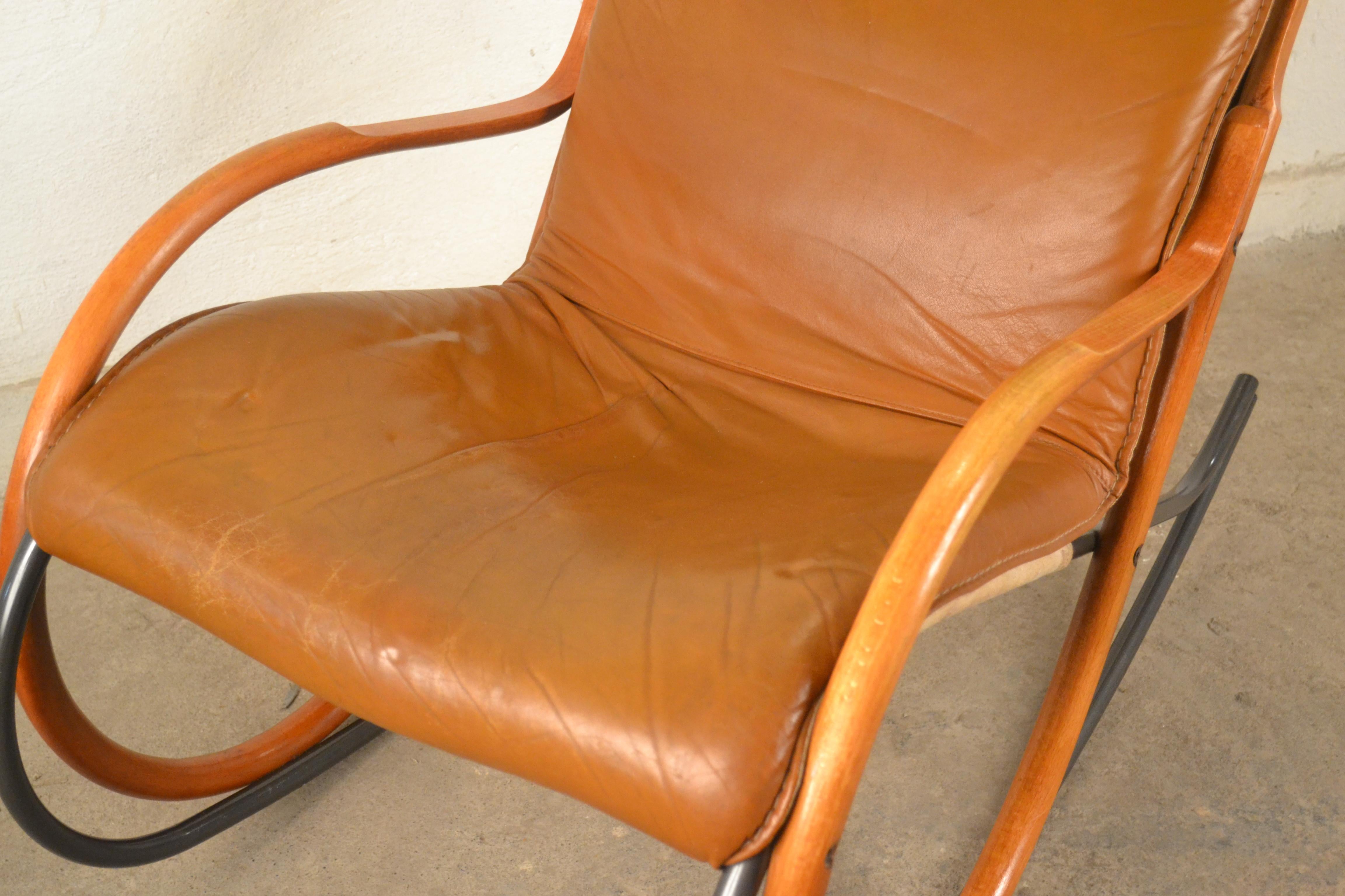 Cowhide Rocking Chair Designed by Paul Tuttle, Strässle, Switzerland, 1970s For Sale
