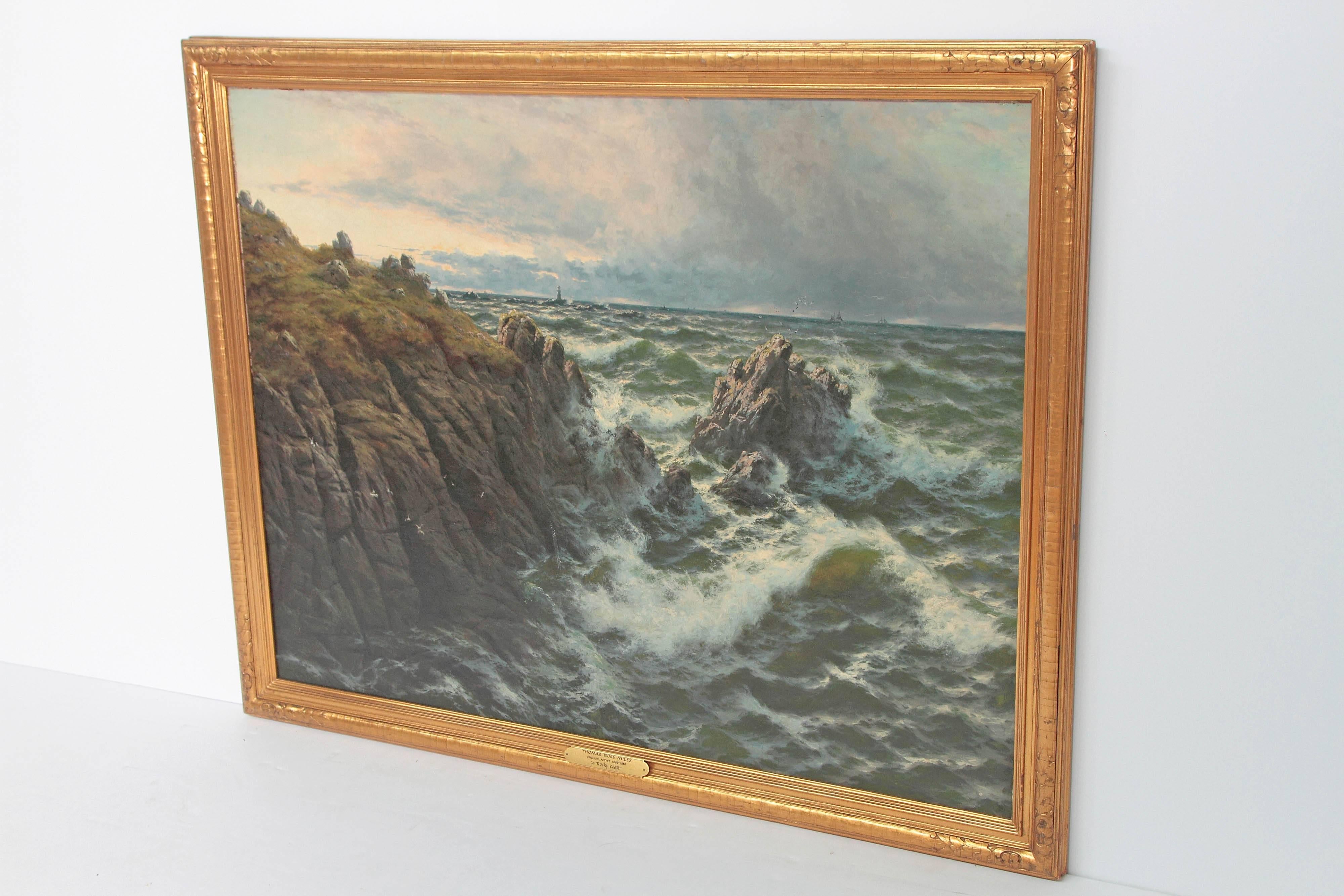 A large oil on canvas seascape by Thomas Rose Miles (1844-1916) English, active 1869-1888, signed lower left T. R. MILES.

He specialized in marine scenes, often the N.E. coast of England. He worked in London and exhibited in the Royal Academy,