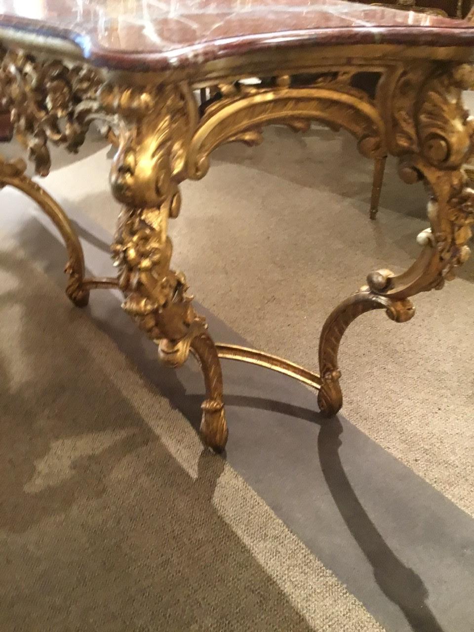 French Rococo Revival Marble-Topped and Gilt Carved Wood Console Table, 19th Century For Sale
