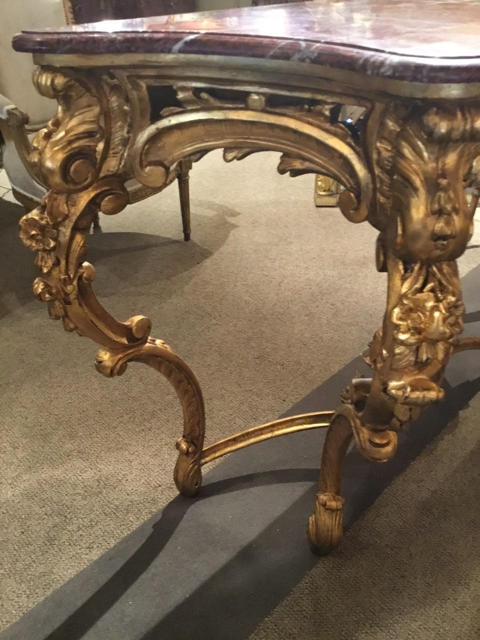 Rococo Revival Marble-Topped and Gilt Carved Wood Console Table, 19th Century In Good Condition For Sale In Houston, TX
