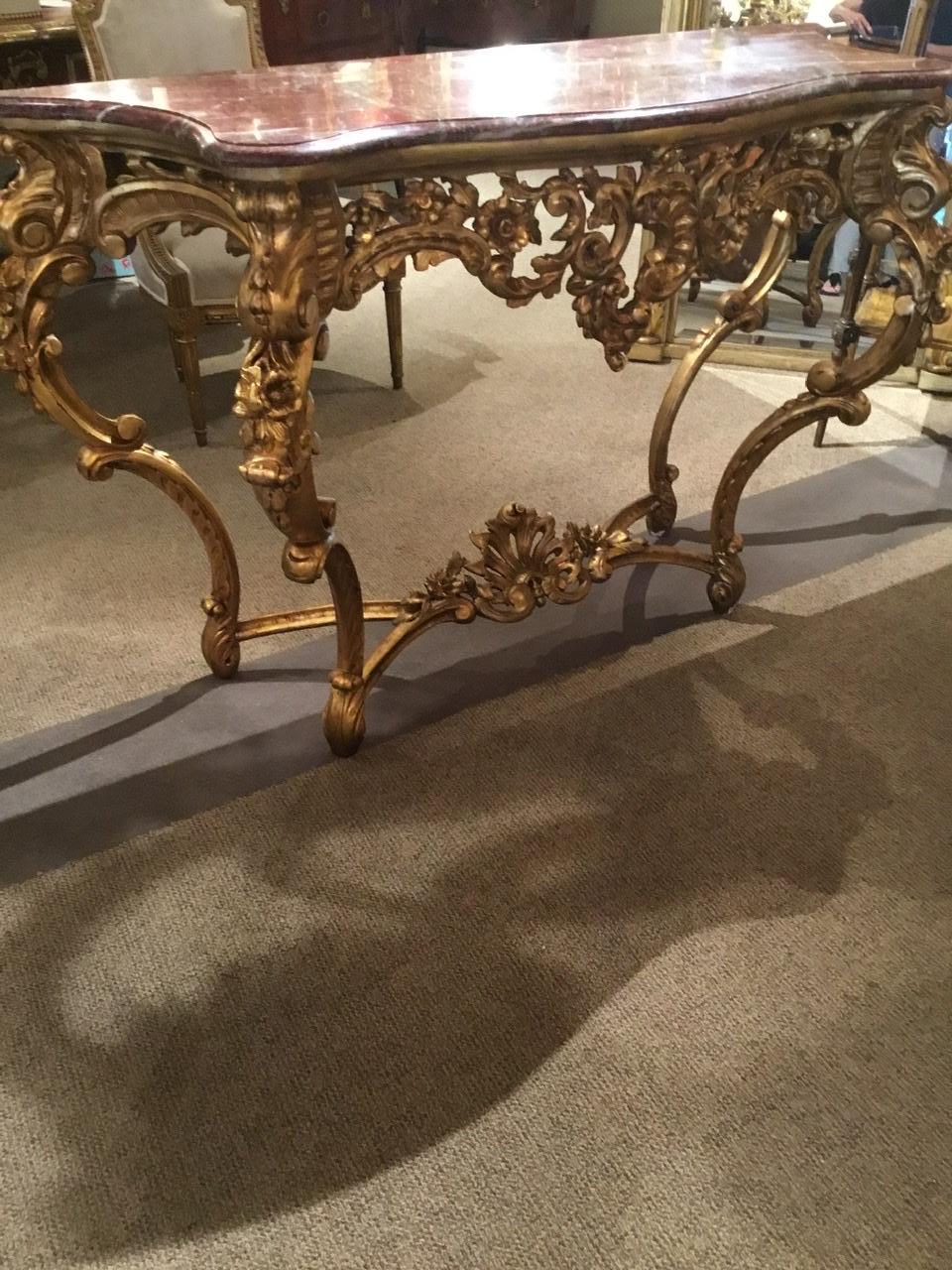 Rococo Revival Marble-Topped and Gilt Carved Wood Console Table, 19th Century For Sale 1